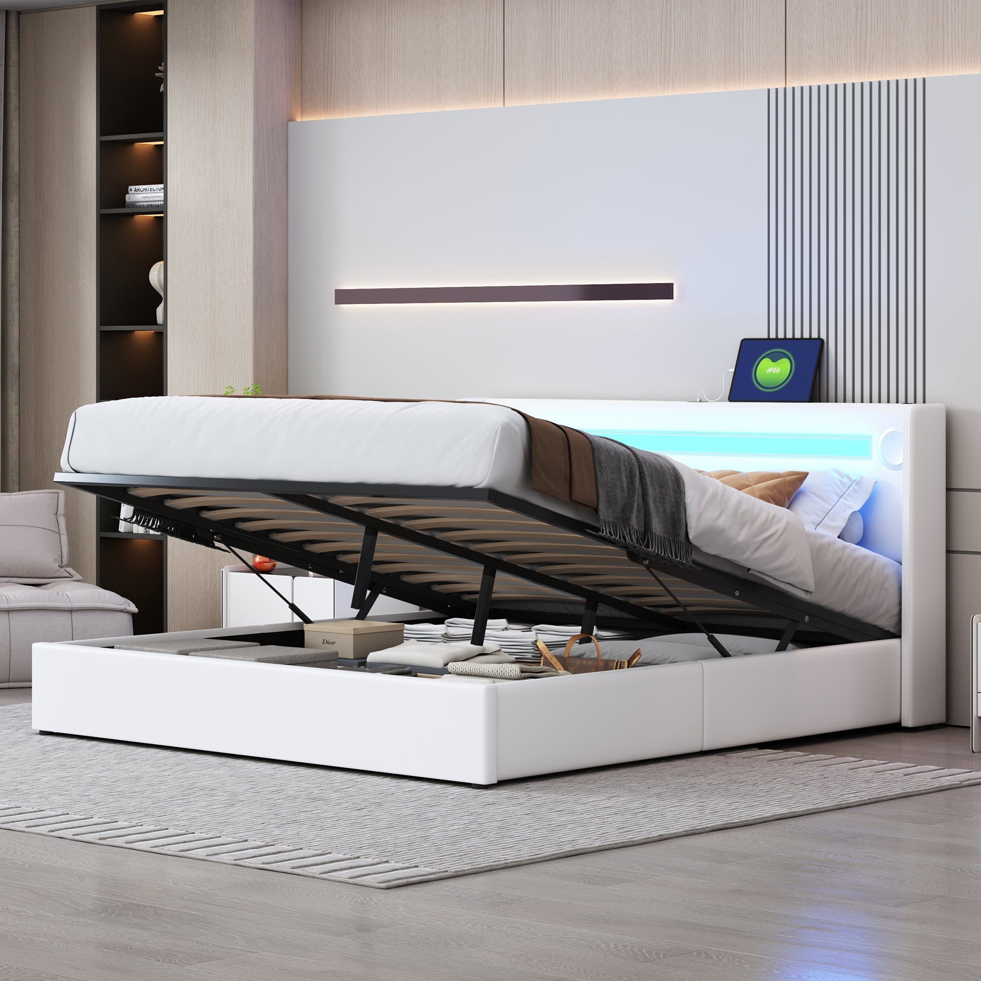 Upholstered Bed 160x200 with LED, Bluetooth, USB, Storage, PU Leather White