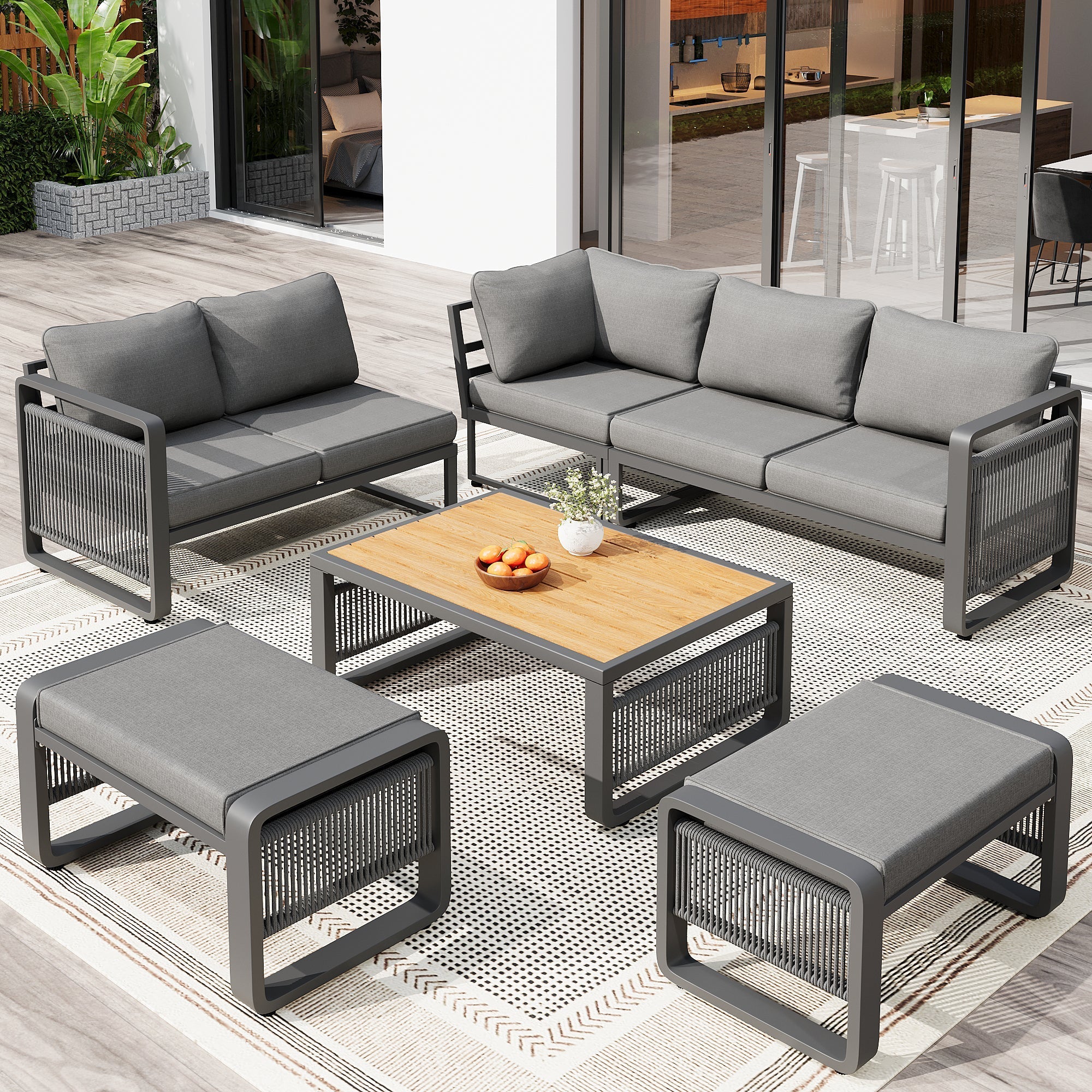 Garden Lounge Set, 6-7 Person Weatherproof Corner Sofa with Hand-Woven Rope and Cushions, Grey Iron