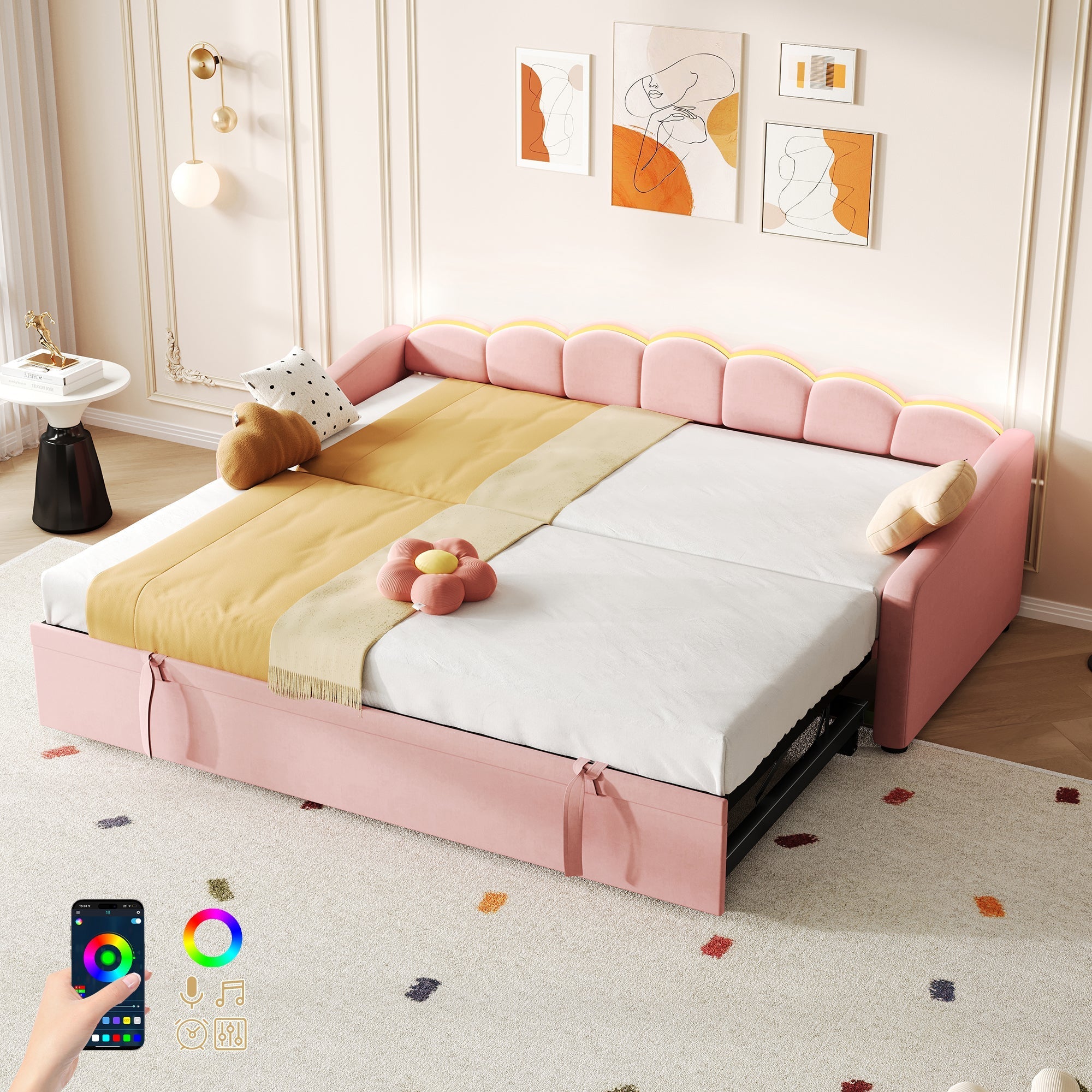 Upholstered Bed 90x190cm with RGB LED Lighting and Pull Out Trundle, Velvet, Pink