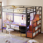 Metal Loft Bunk Bed Multifunctional with Desk LED Light Power Outlets Storage 140x200/90x200 Black