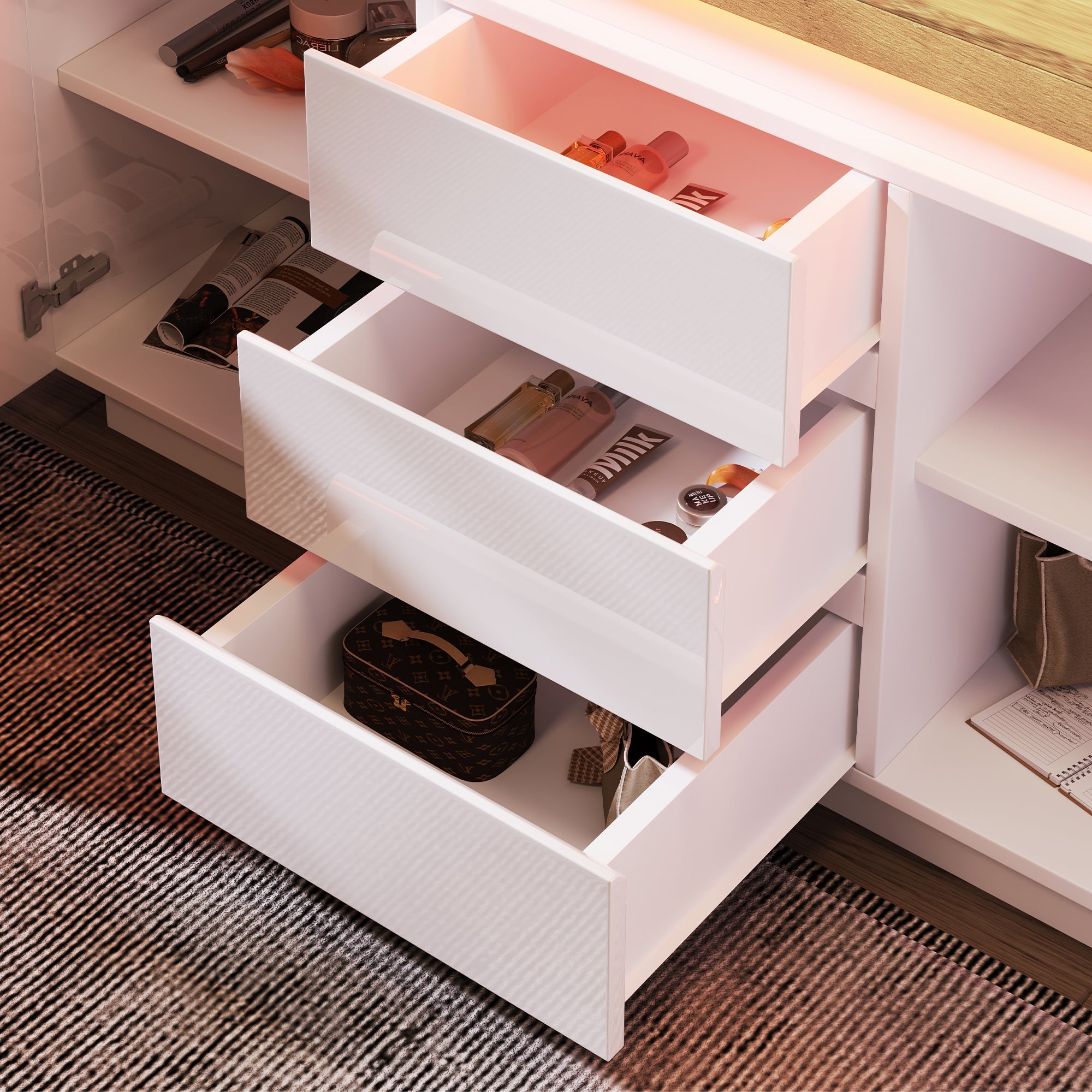 Chest of Drawers, High-Gloss Sideboard with 2 Doors & 3 Drawers, LED Lighting, White
