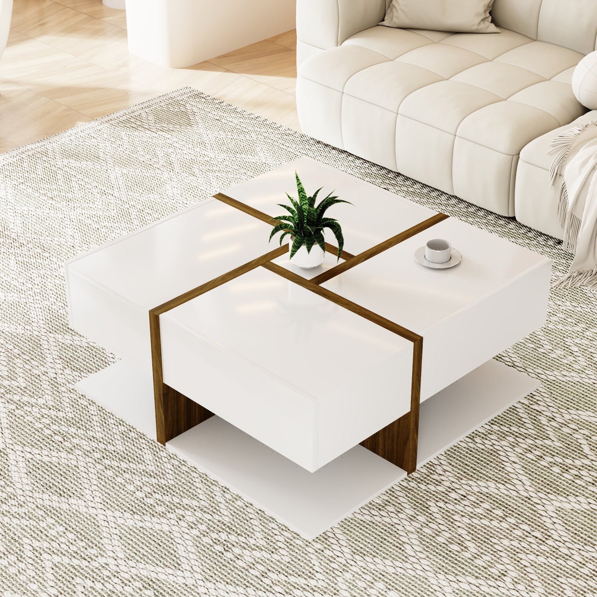 Coffee Table, 4-Drawer with Storage, High-Gloss