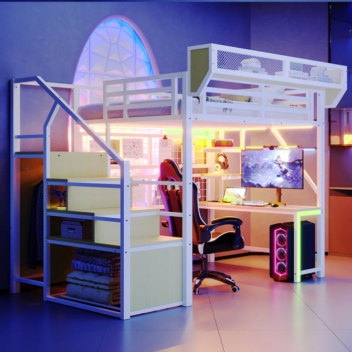 Metal Loft Bed with Desk, Shelf, Storage Net, LED and Socket, 140x200cm, White Metal