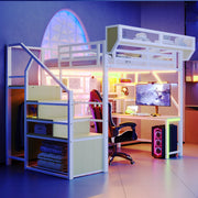 Metal Loft Bed with Desk, Shelf, Storage Net, LED and Socket, 140x200cm, White Metal