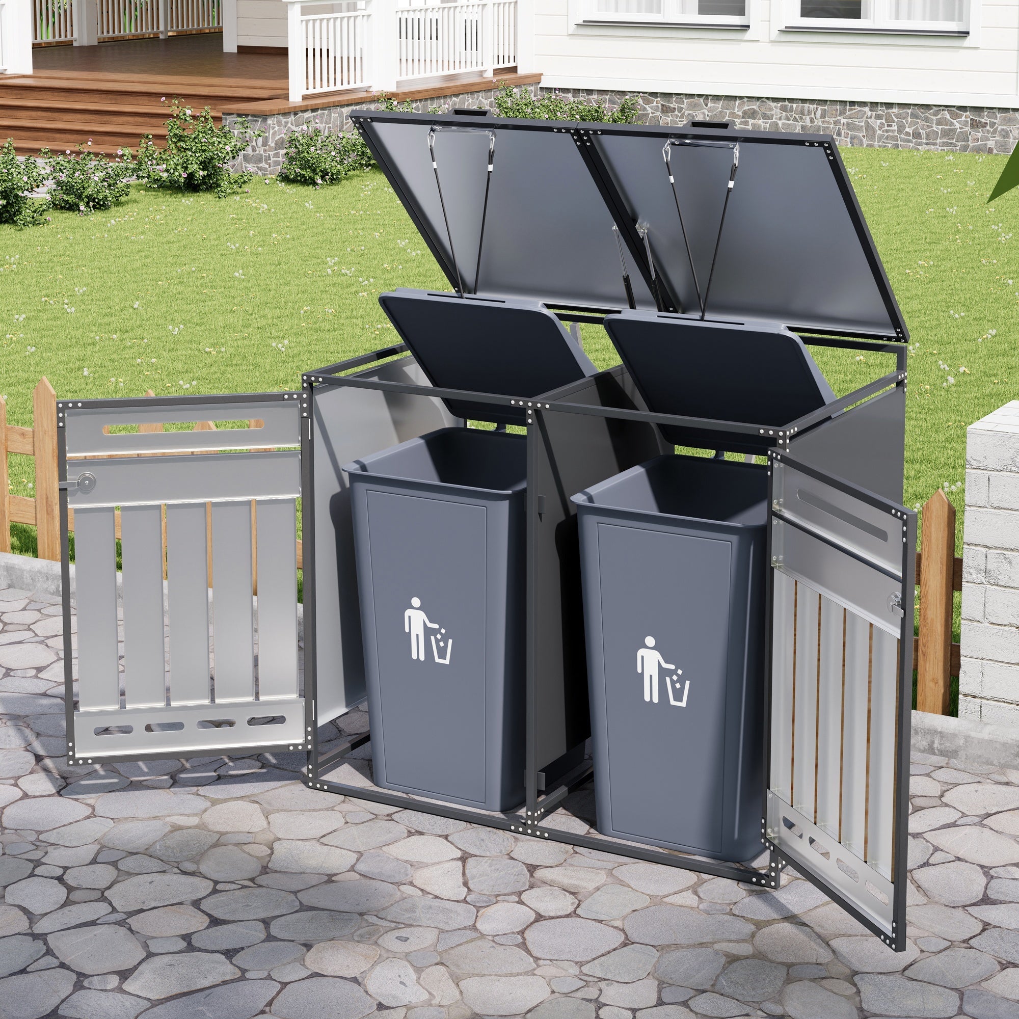 Bin Storage Unit with Hydraulic Lid, Slotted Ventilation and Lock, Iron Wood-Look Cladding