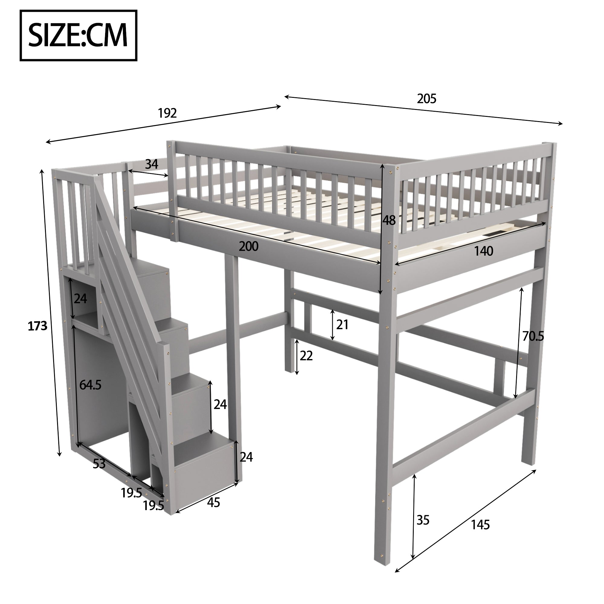 Solid wood bed 140*200, stairs with storage, high railing, grey
