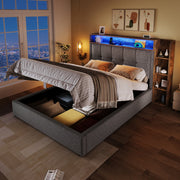 Upholstered Bed 90x200cm Storage LED USB/Type-C App Control - Linen Grey