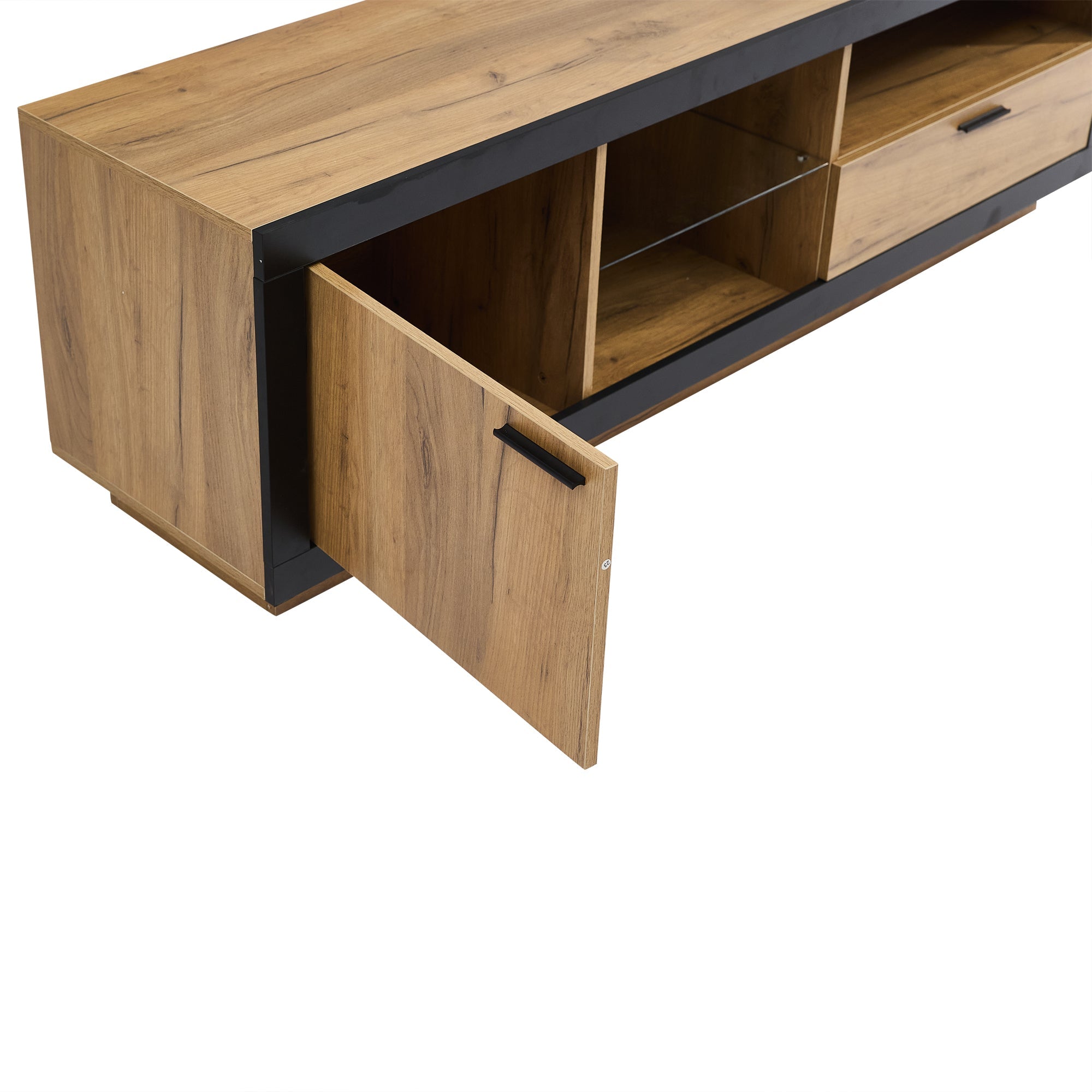 LED TV Cabinet Lowboard Console with Glass Shelves Storage for 70/65/55 Inch TVs, Black + Oak