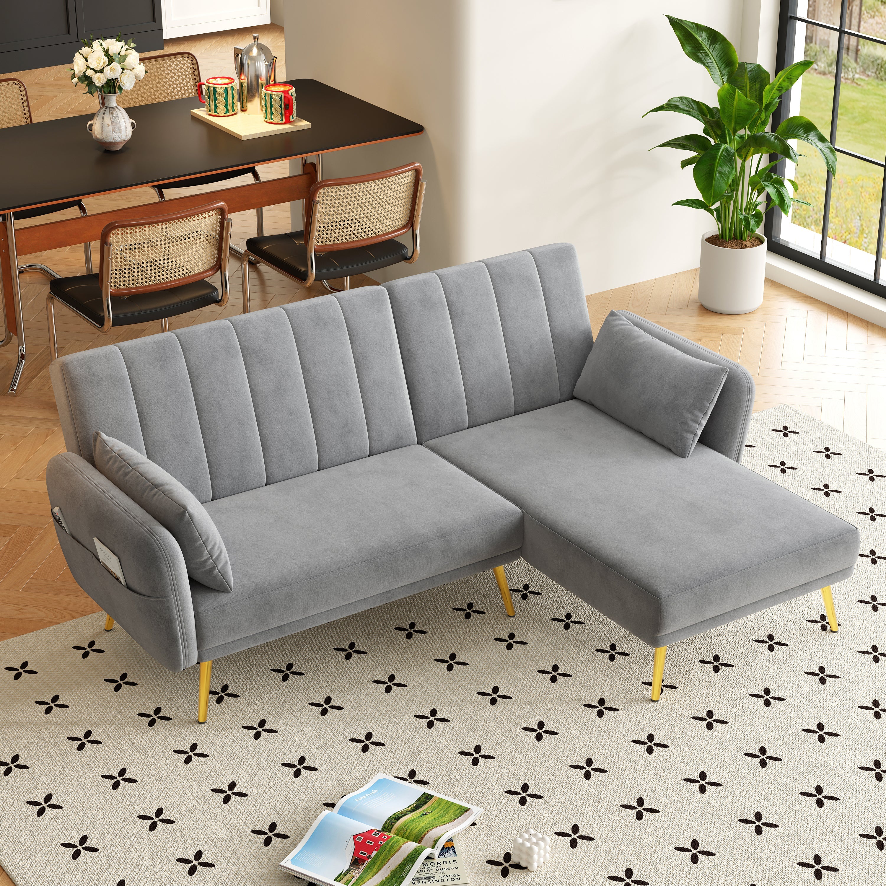 Modern L-Shaped Fold-Out Sleeper Sofa with 3-Position Adjustable Backrest, Velvet