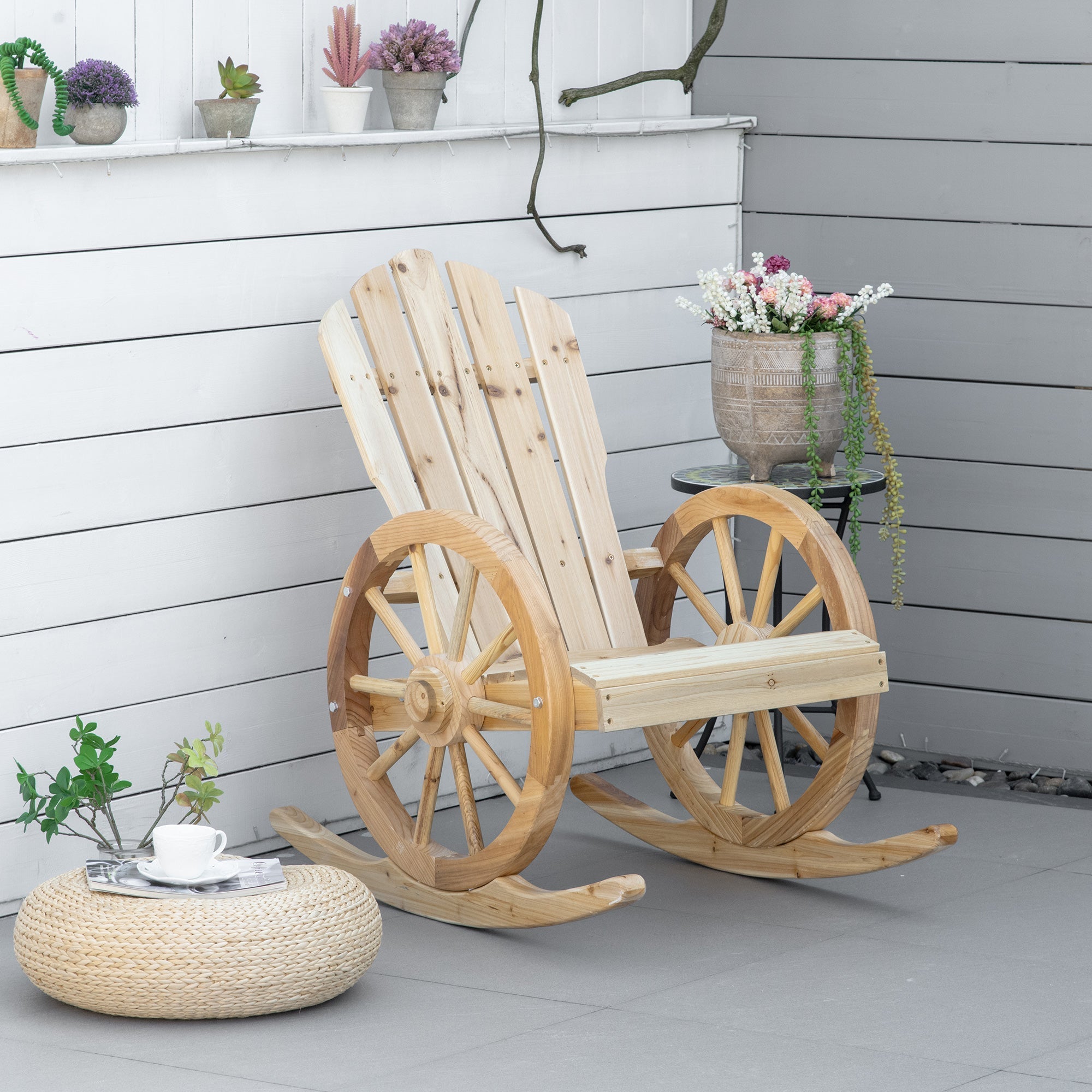 Rocking Chair, Rustic Relaxation Garden Chair with Wheels, Solid Natural Wood