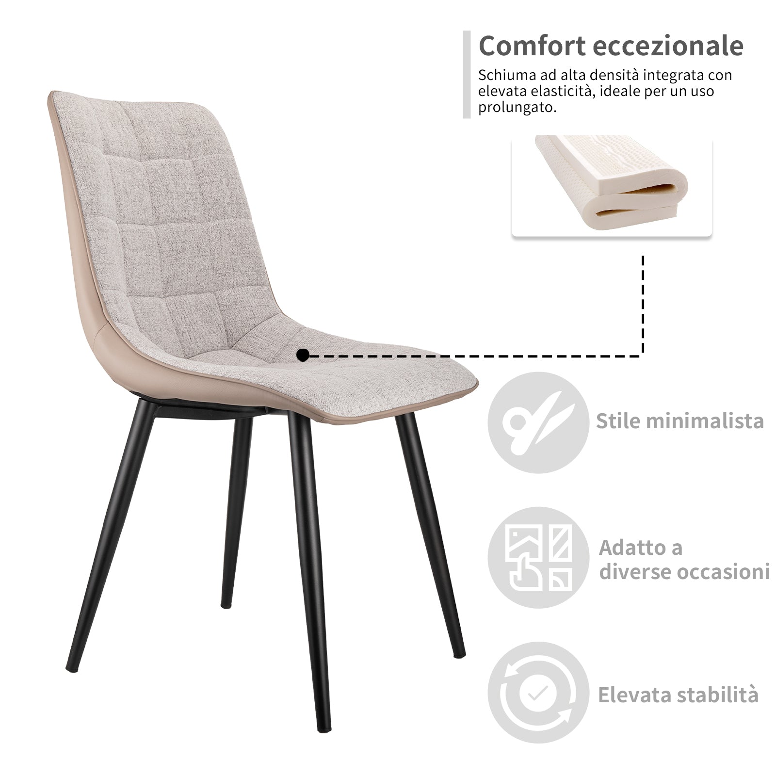 Set of 2 Upholstered Dining Chairs Metal Frame Faux Leather & Linen