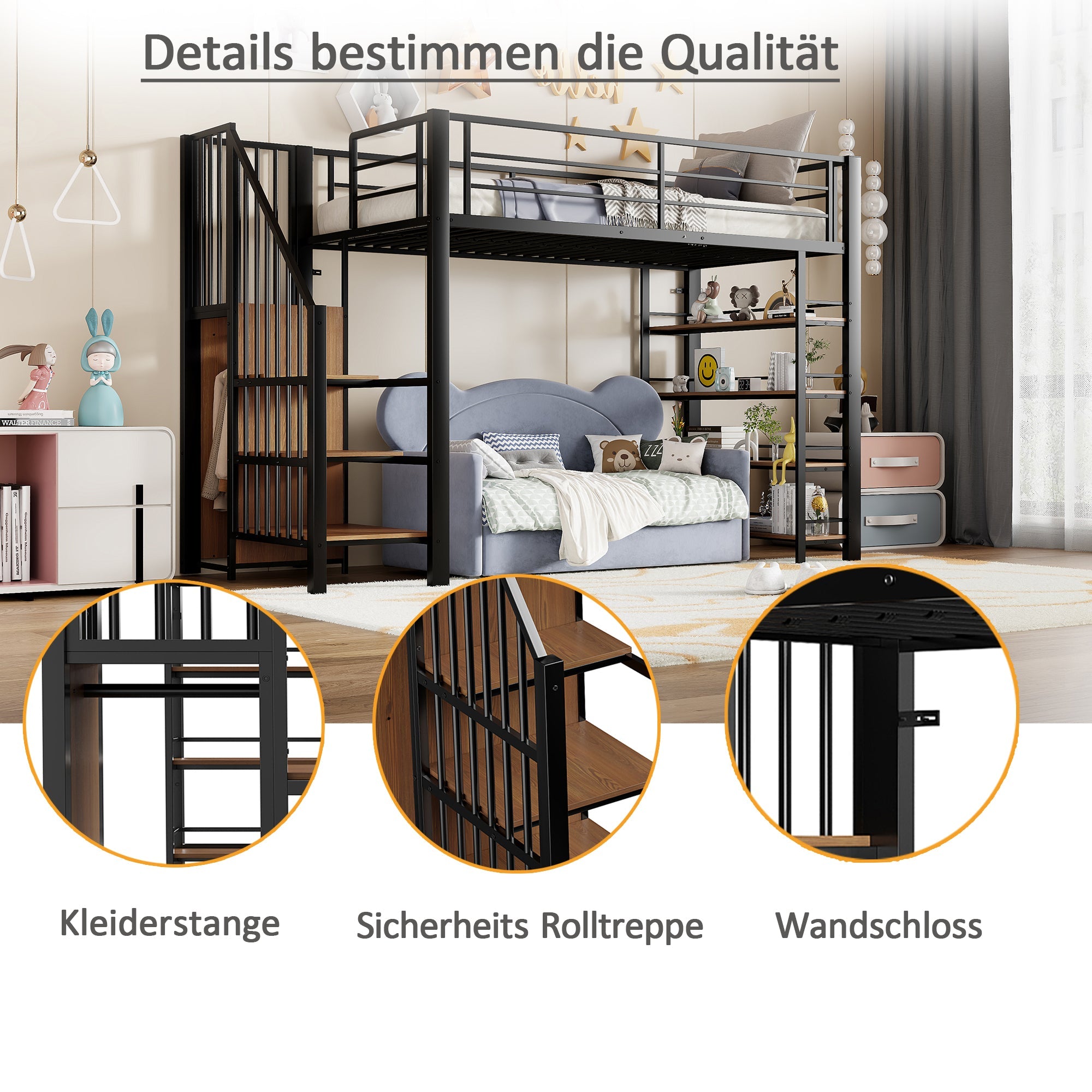 Loft Bed, 90x200 with Safety Stairs & Storage Wardrobe, Black