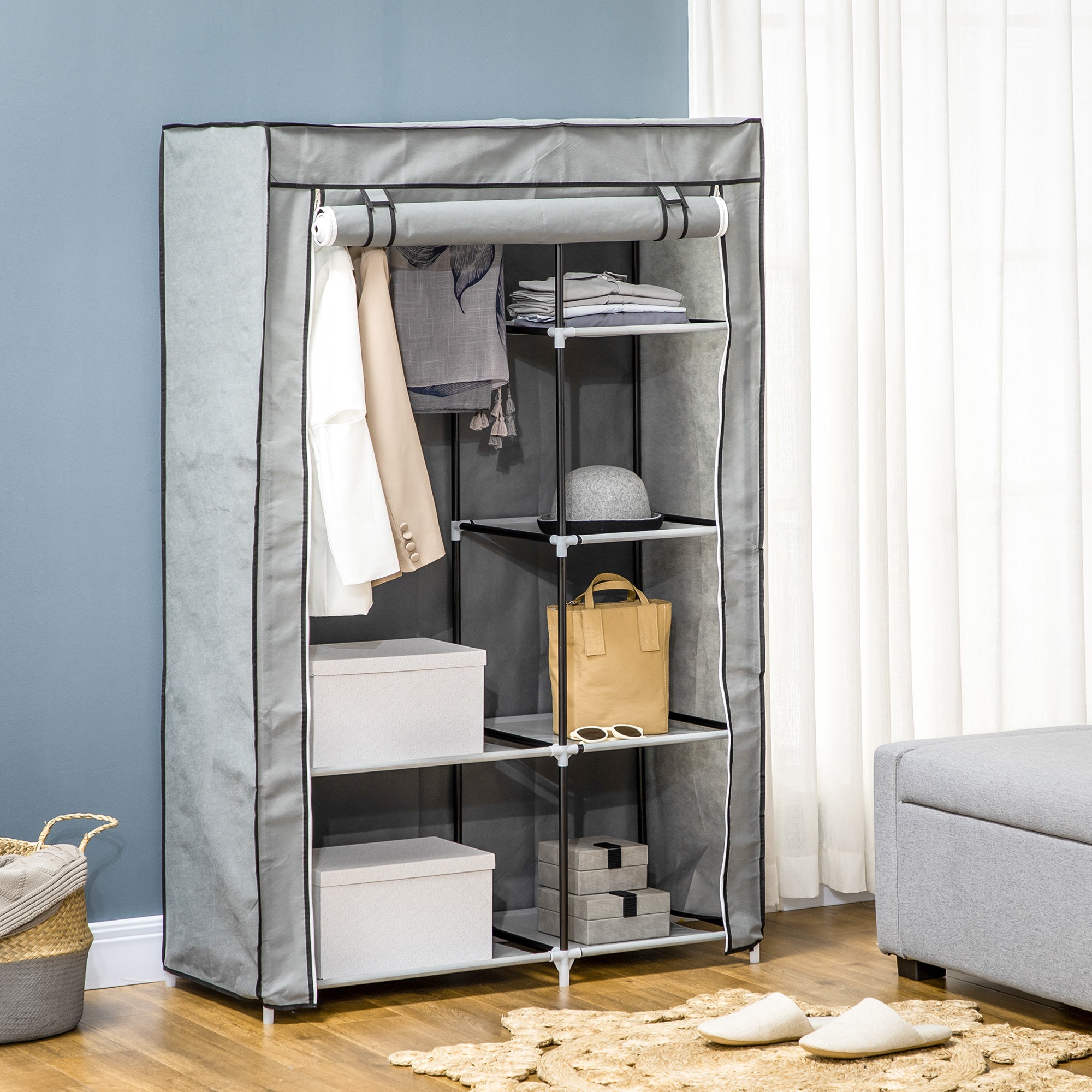 Wardrobe Fabric, 6 Compartments, Foldable, Grey