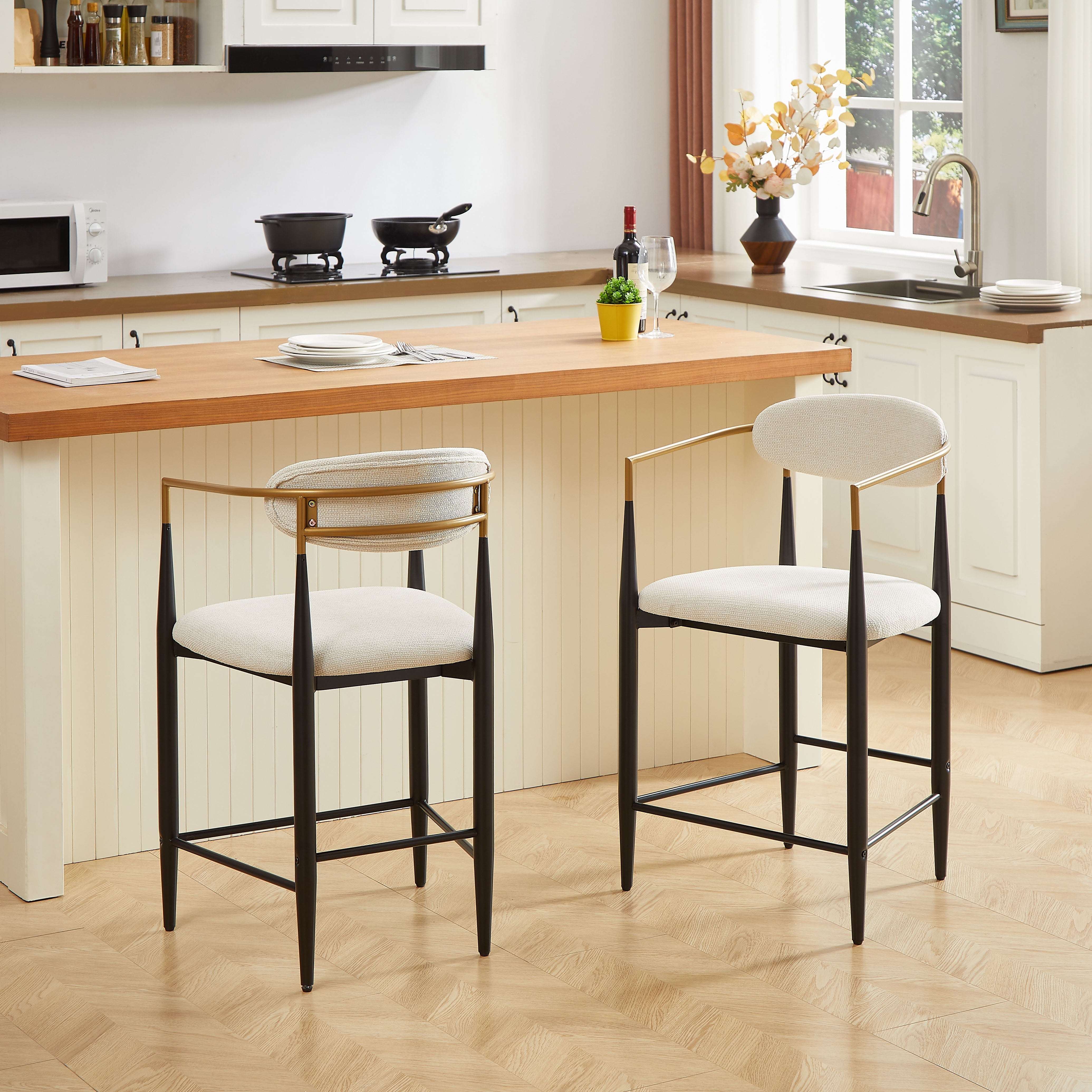 Set of 2 Bar Stools Armrests French Country Style Black/Gold - Cream Fabric