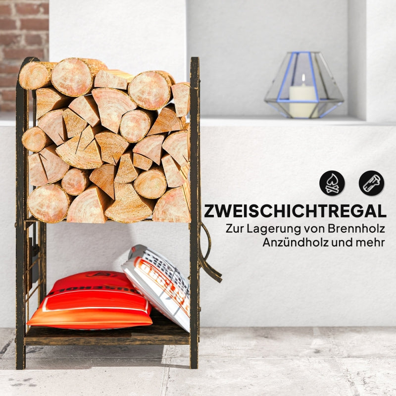 Indoor Firewood Rack, 2-Tier with 4 Fireplace Tools and Hooks, Metal