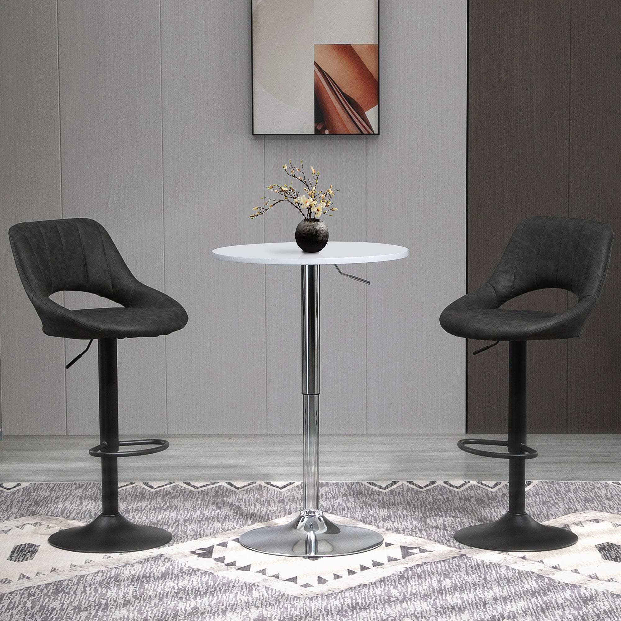 Bar Stool Set of 2, Swivel Height-Adjustable with Footrest, Leather-Look Gray