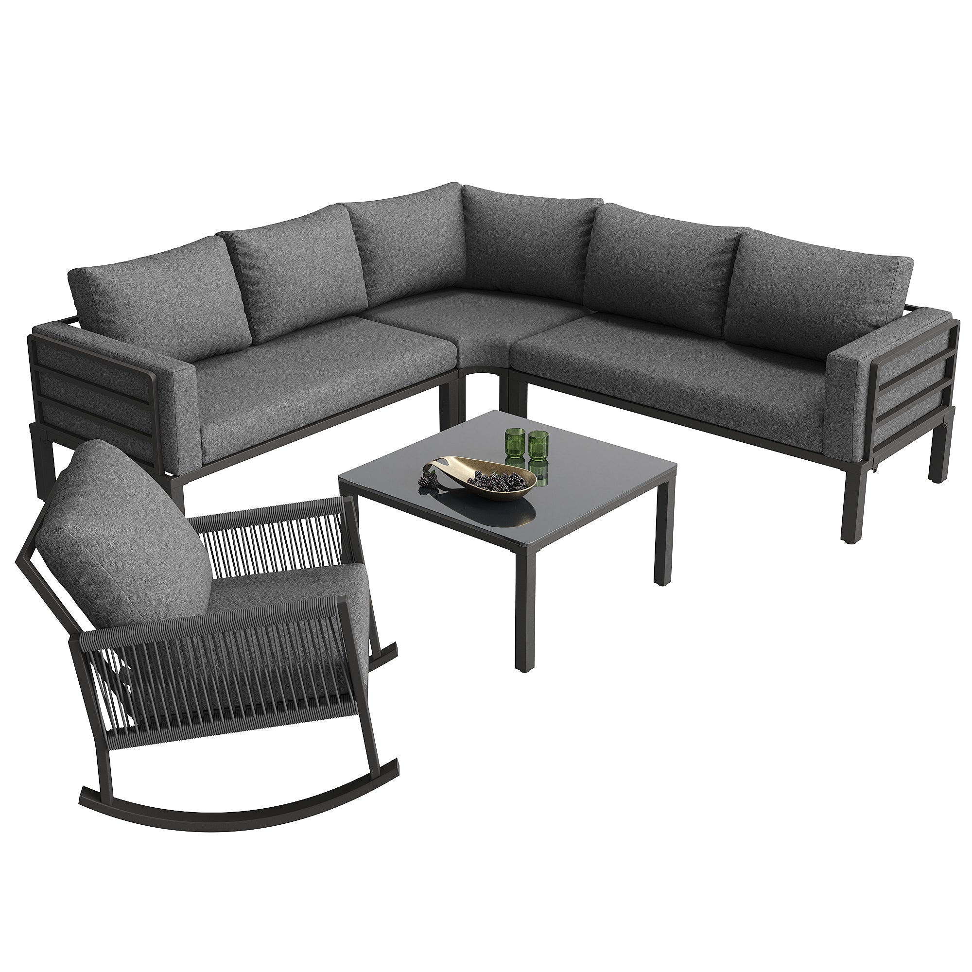 Modular Garden Furniture Set with Corner Sofa, Rocking Chair and Glass Table, Metal Frame and Rope Weave