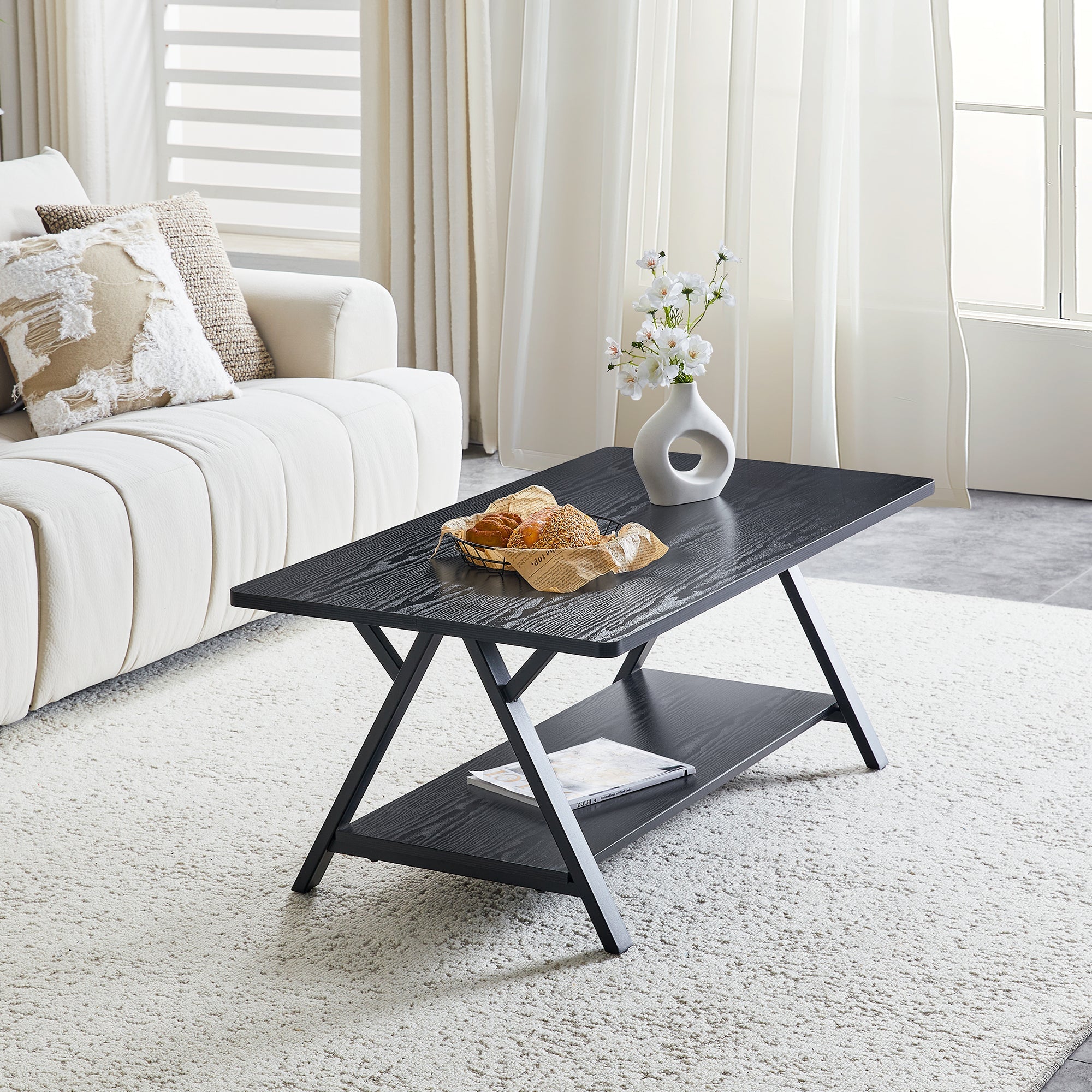 Modern Industrial Coffee Table with Storage Shelf and Metal Frame, 110x57x44.5cm, Black Wood Grain