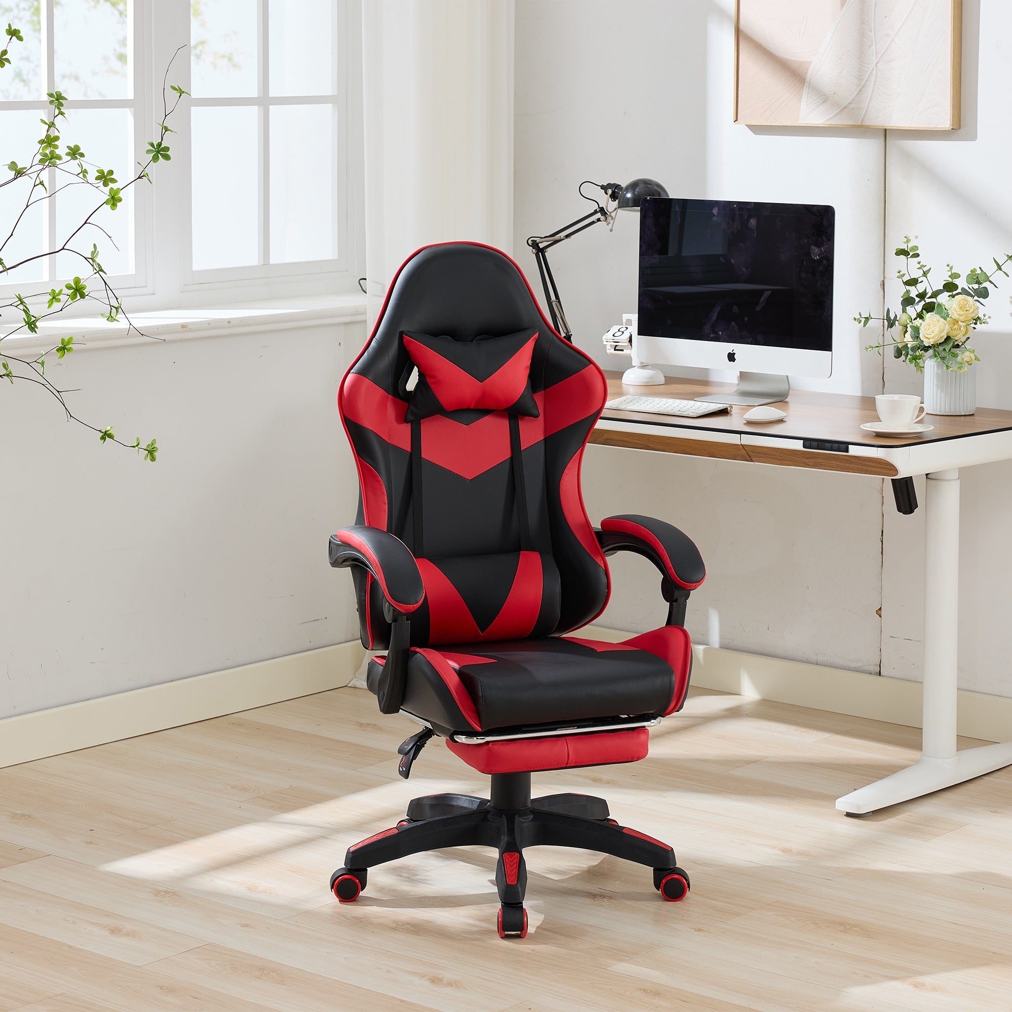 Racing Gaming Chair High-Back Ergonomic Swivel with Footrest Headrest Lumbar Support Leather Black & Red