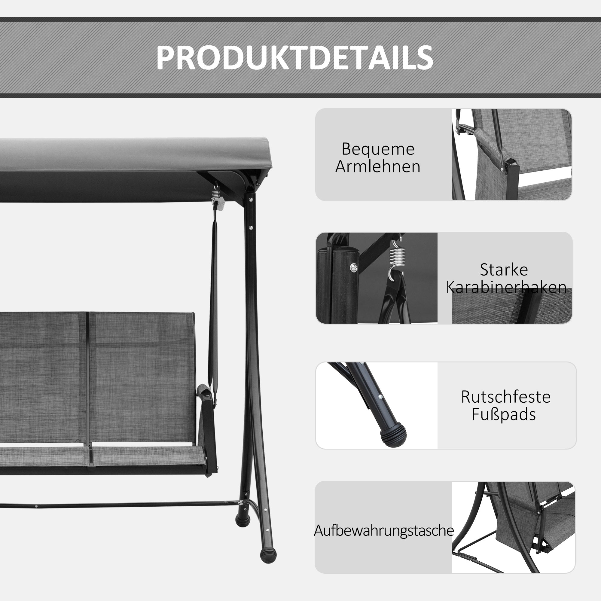 Hollywood Swing 3-Seater Garden Sunshade Storage Aluminum, Grey