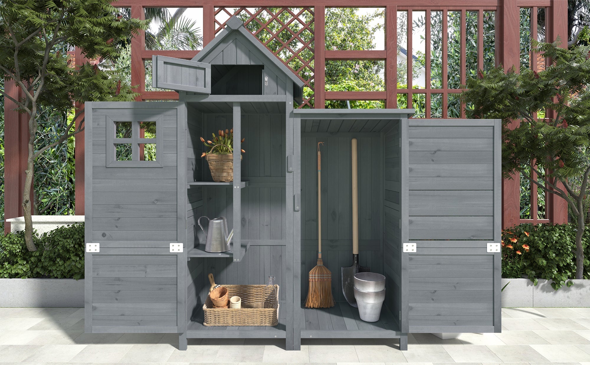 Outdoor Storage Shed with Weatherproof Double-Door and Large Storage, Grey Fir Wood