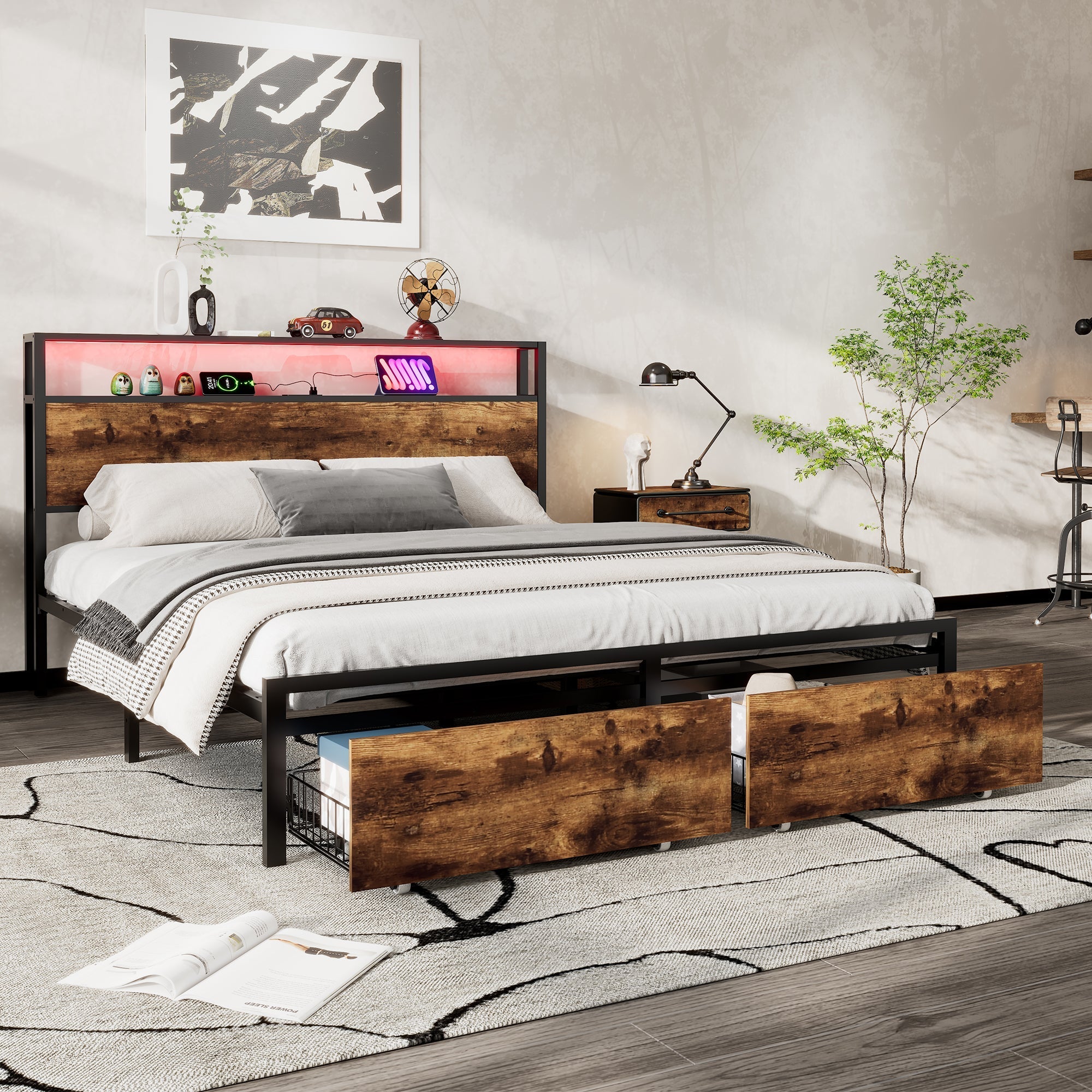 Metal Bed, 4ft6 Double with LED Strip, 2 Drawers & USB Ports, Black+Walnut Wrought Iron