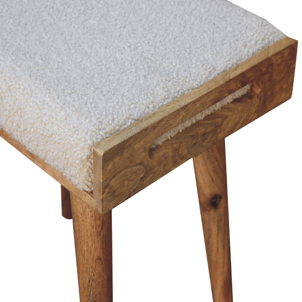 Solid Wood Footstool, Upholstered Tray Style Nordic Legs, Boucle Cream/Beige and Brown