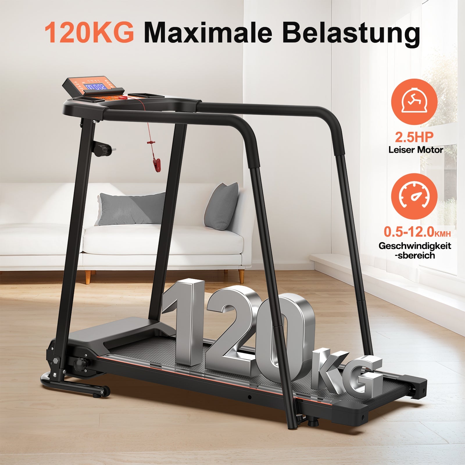 Treadmill Portable Foldable Extended Handrails 120kg Capacity
