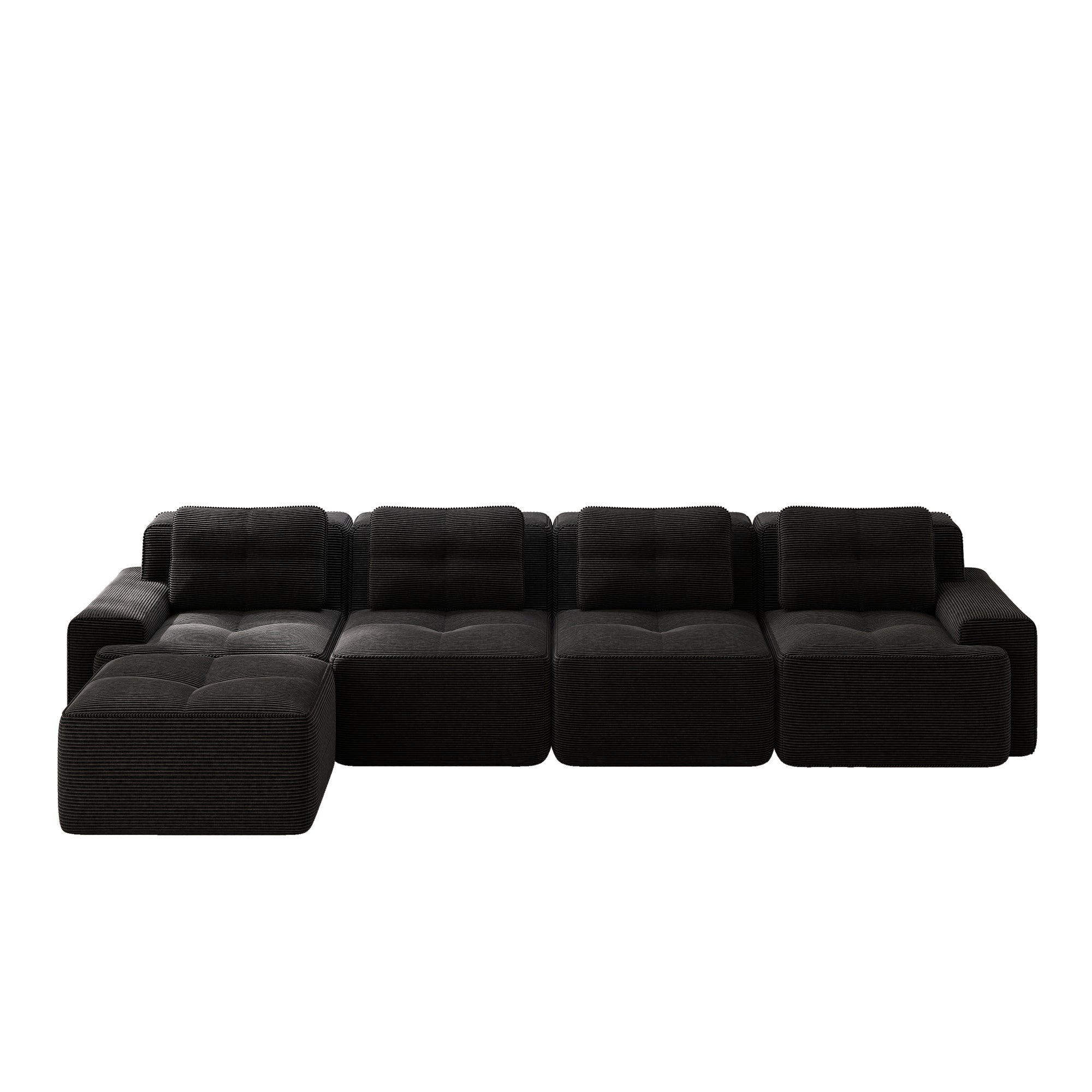 Boneless Modular Sofa L-Shaped Chaise 4-Seater Deep-Seat - Corduroy Black