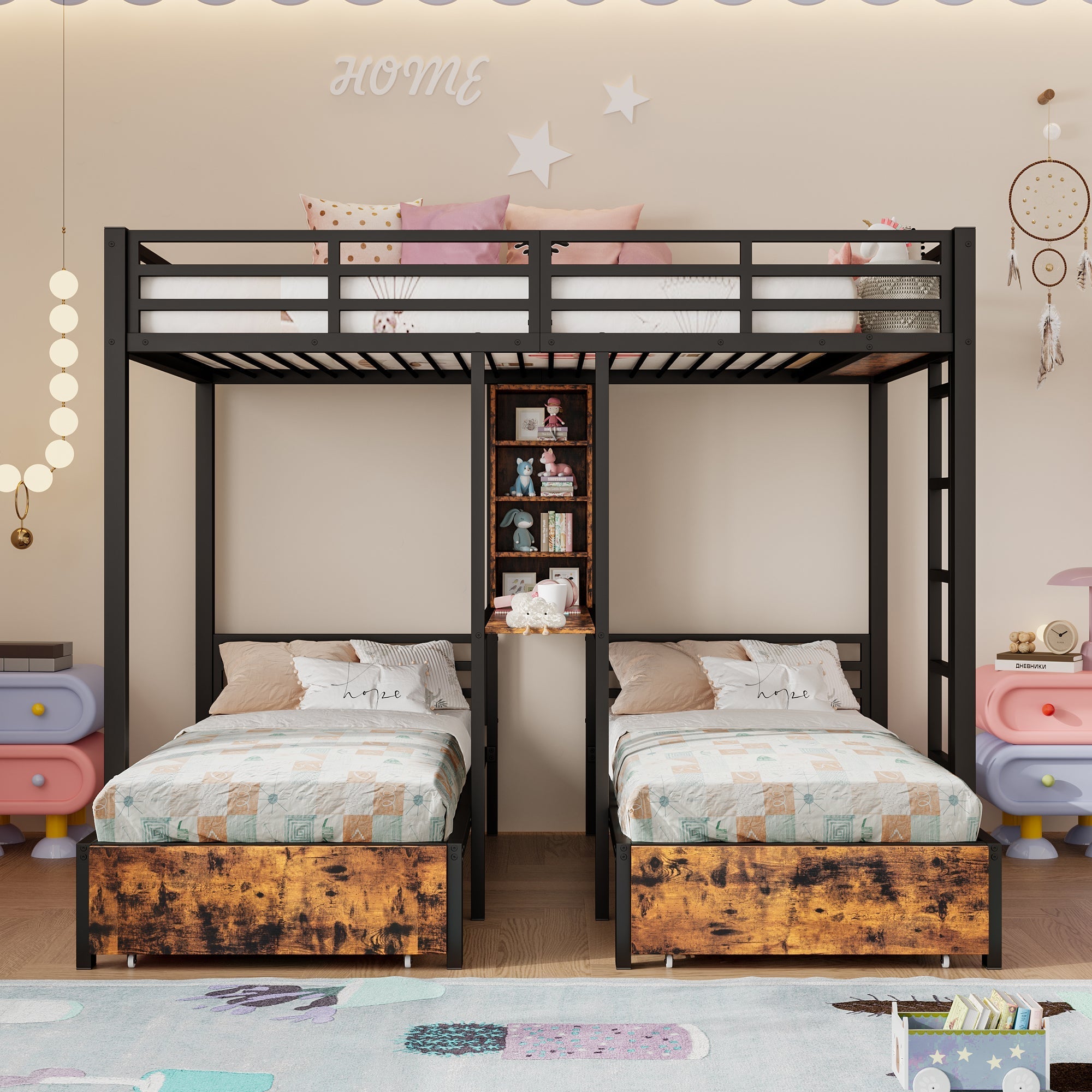 Bunk Bed Triple Sleeper 140x200/90x200cm with Storage Drawers and Shelves Black