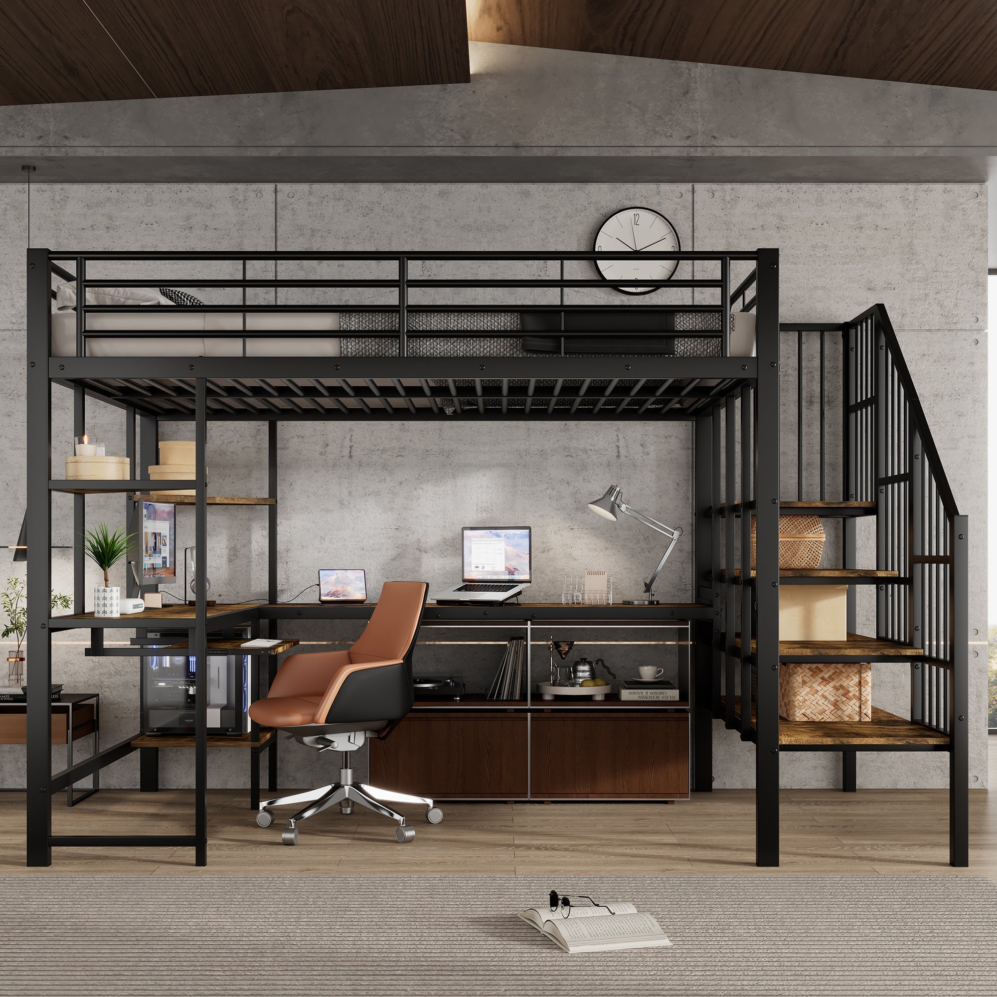 Iron Loft Bed, Charging Port Corner Stairs Desk Storage 120x200cm, Black Iron + MDF
