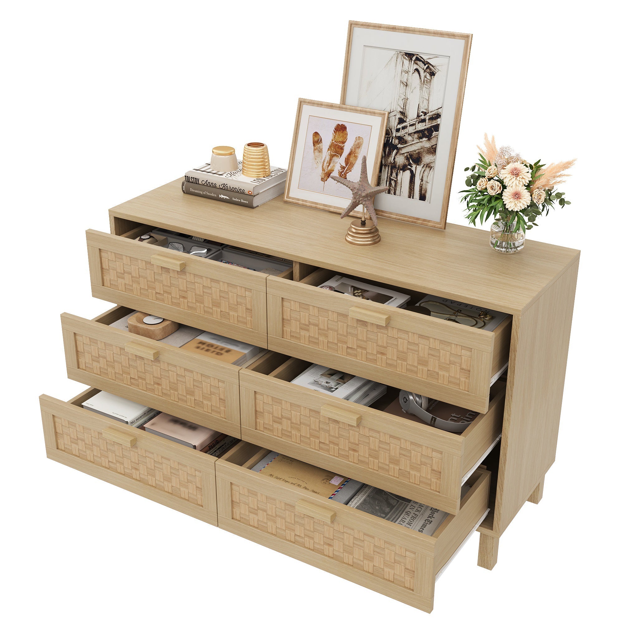 Sideboard & Chest of Drawers, 6-Drawer Rattan Look, Natural Wood