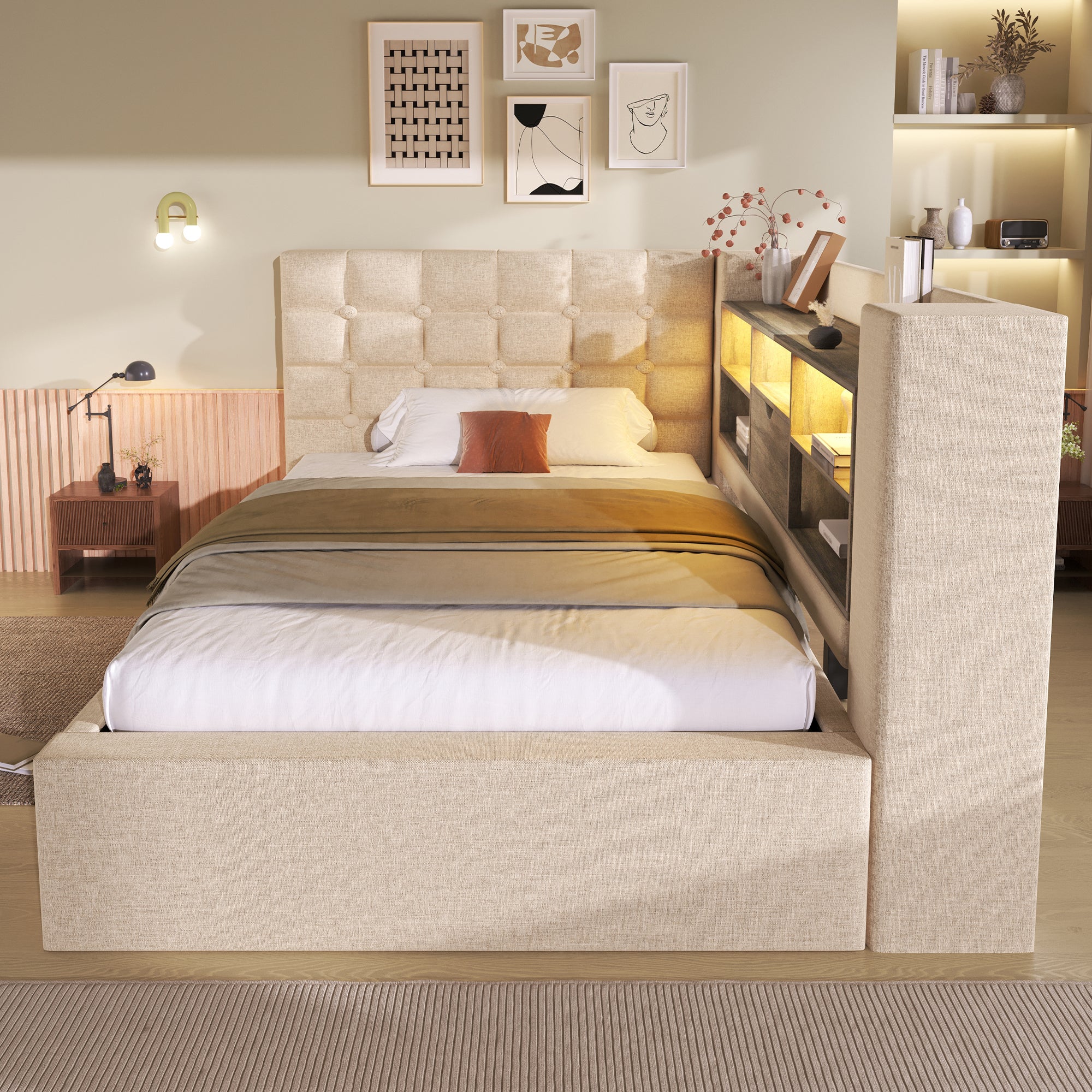 Upholstered Single Bed 90x200cm LED Hydraulic Storage L-Shaped Headboard - Linen Beige (With Mattress)
