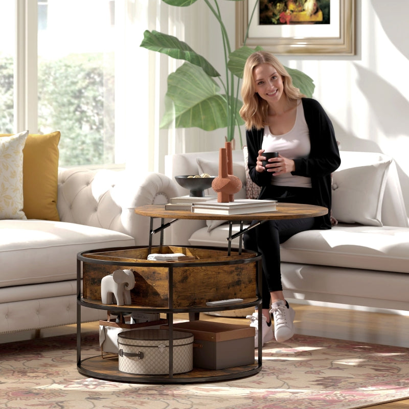 Lift Top Coffee Table, Round Storage Shelf Steel Frame, Brown