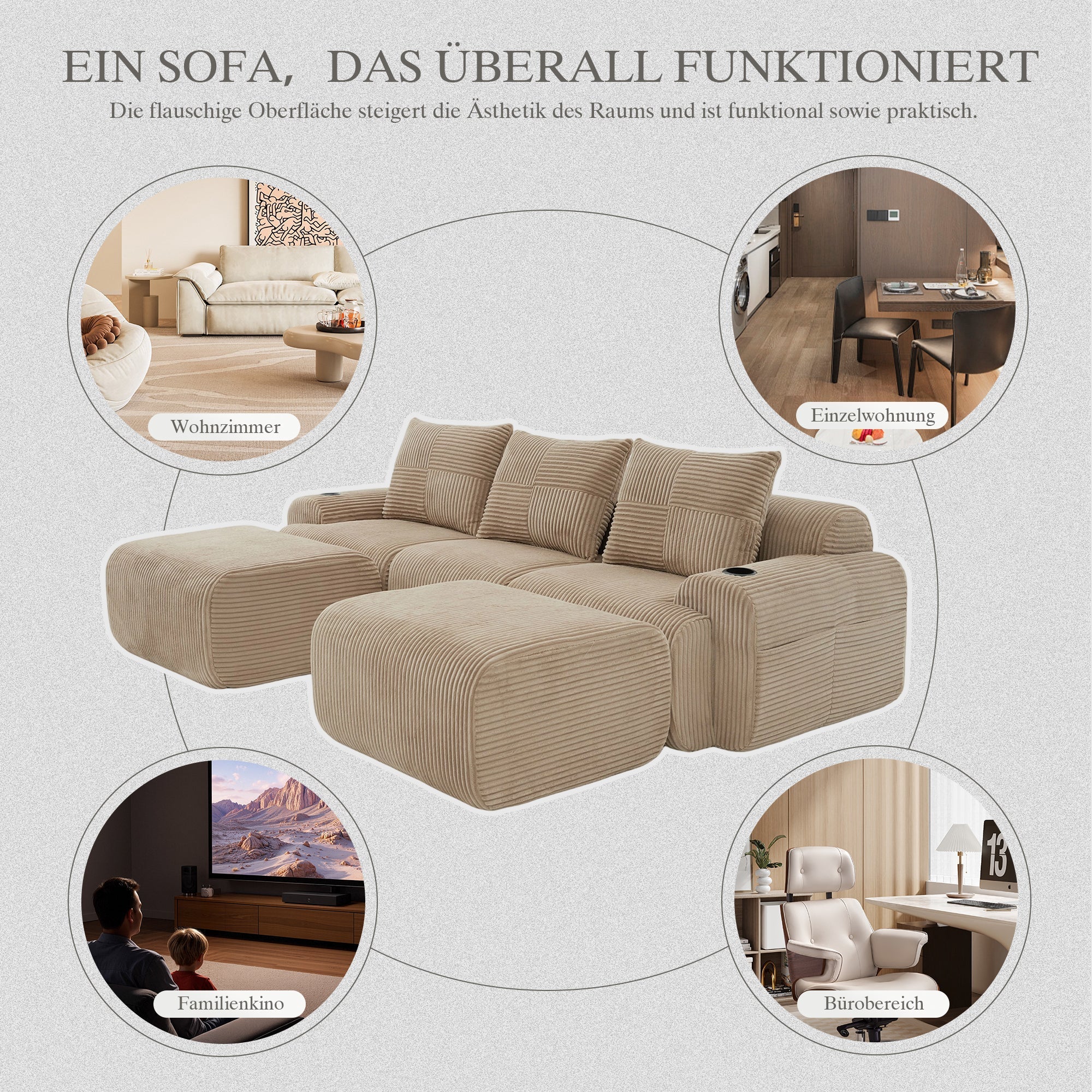 3-Seater Modular Sofa with Ottomans, Cup Holders and Side Pocket, Khaki Corduroy