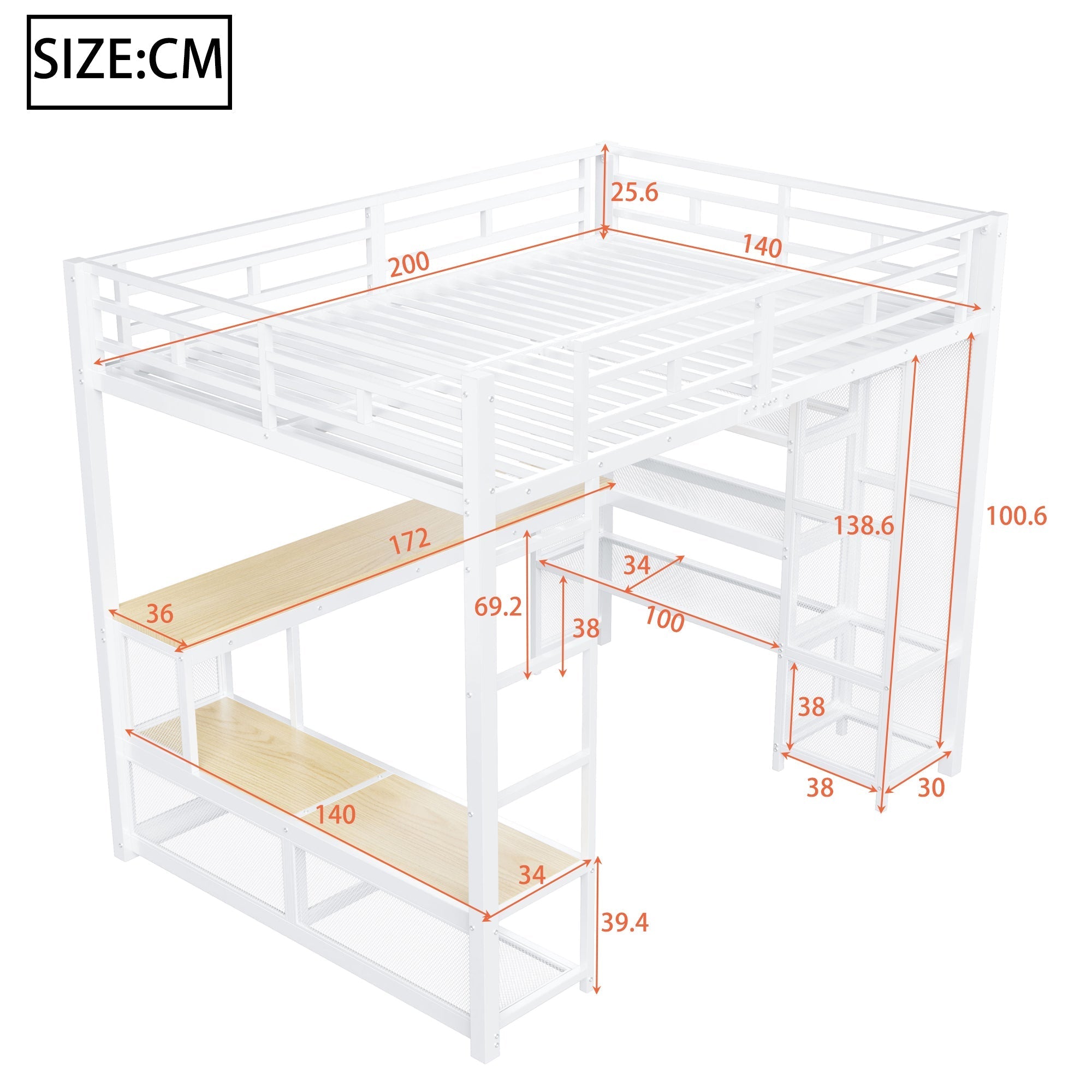 Metal Loft Bed with Wardrobe, USB Port and LED Lighting, White