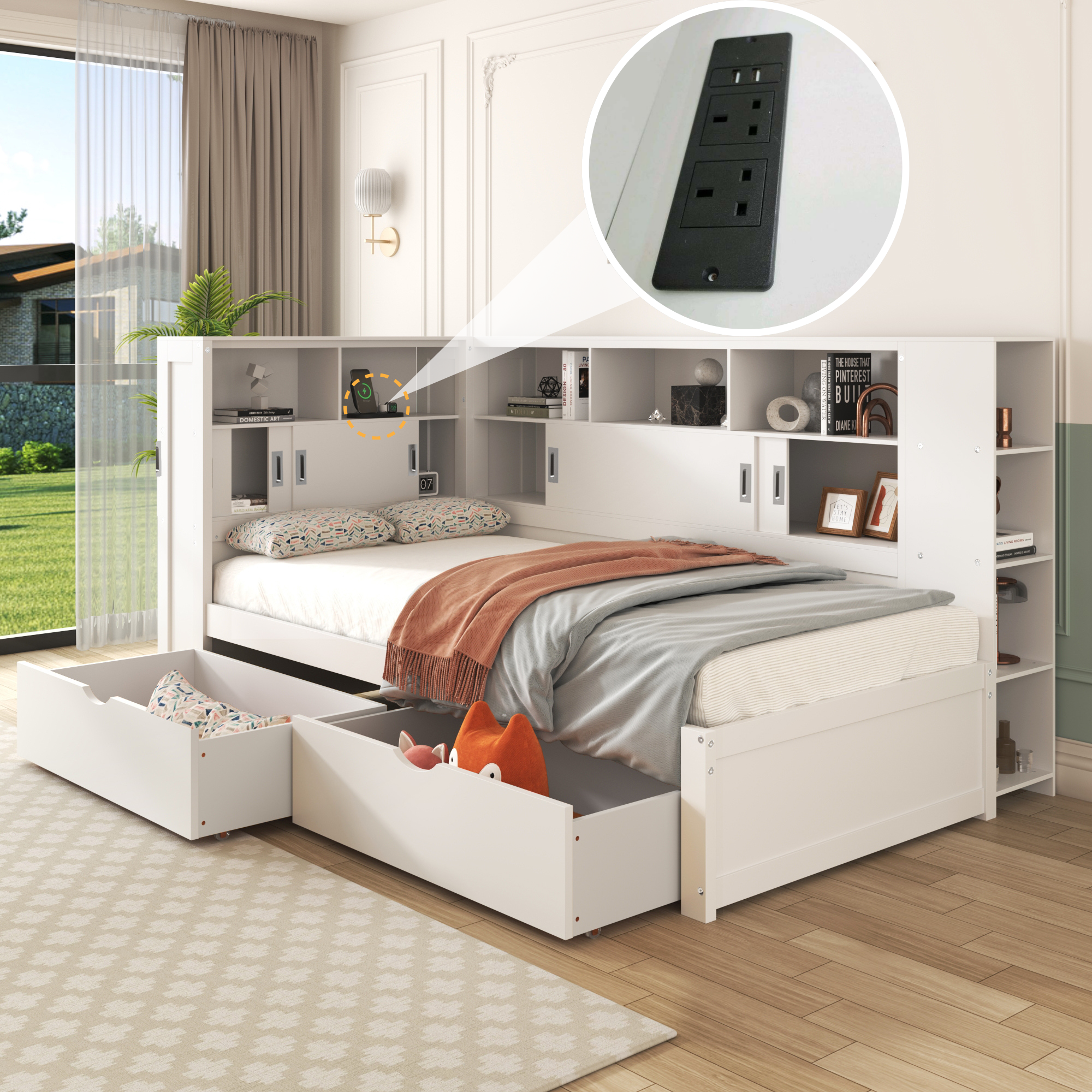 Platform Bed with Trundle, Bookcase & USB, Single 3ft, Storage Drawers and Shelves, White