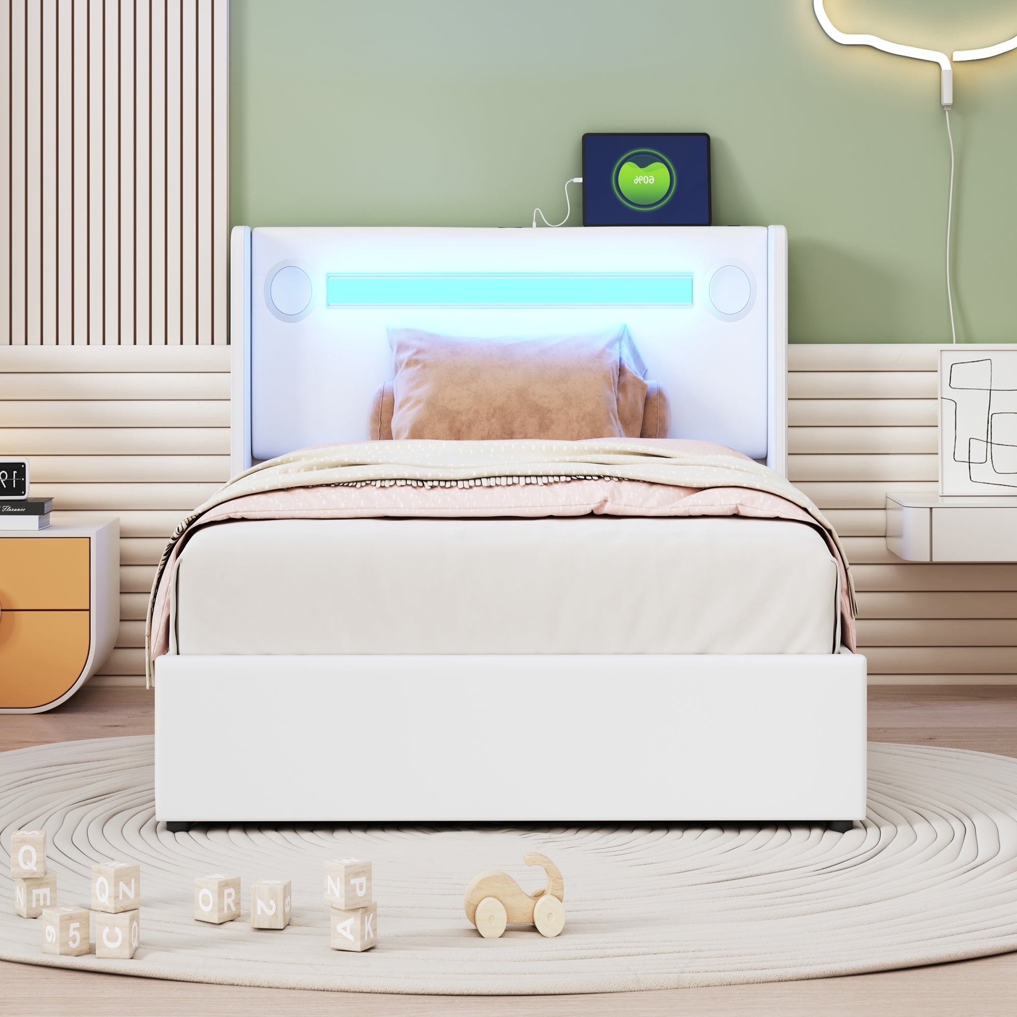 Upholstered Bed with LED Lights, Bluetooth Player, USB Ports and Hydraulic Storage, White PU Leather