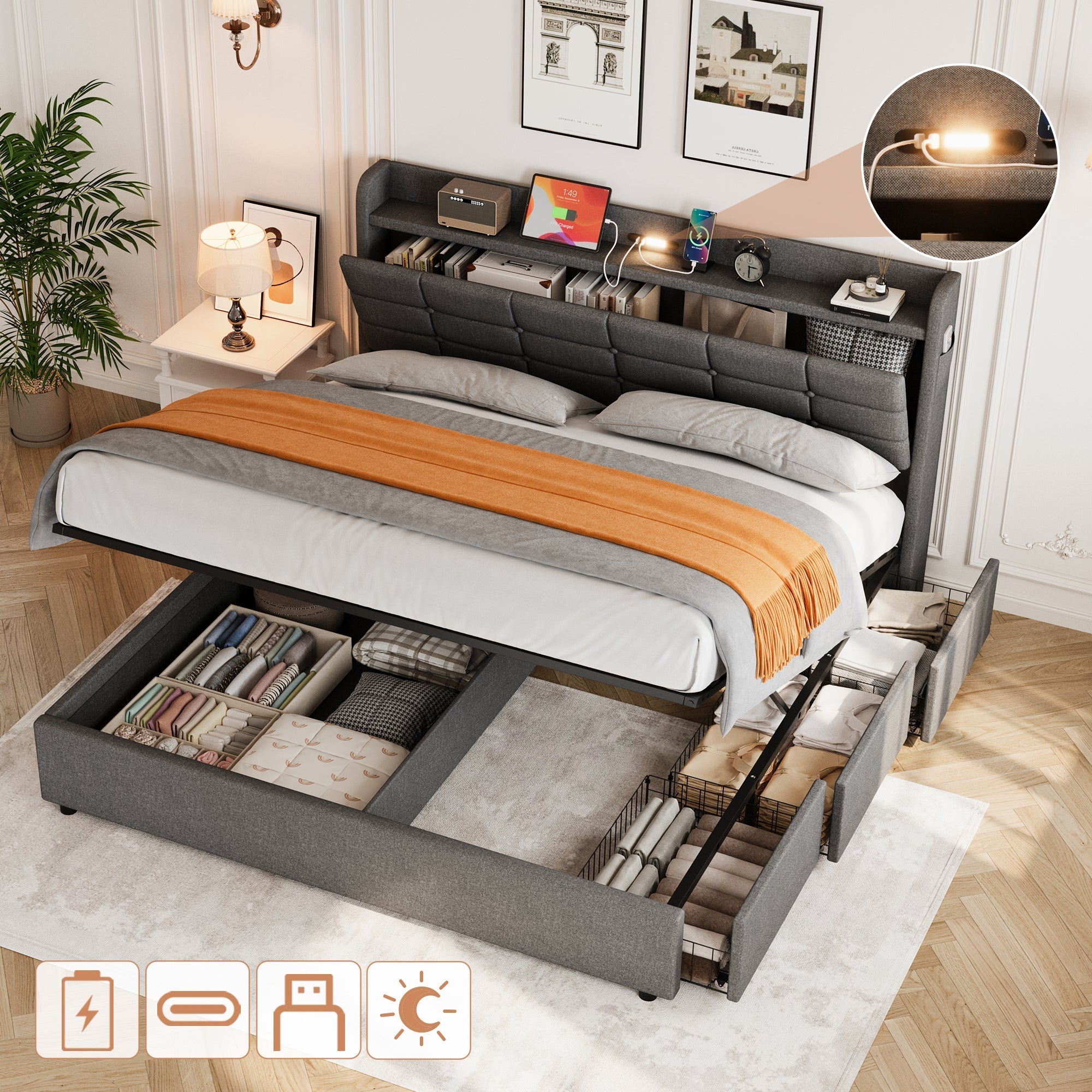 5ft King Bed Frame Hydraulic Storage, Charging Station, LED Night Light, Grey Linen
