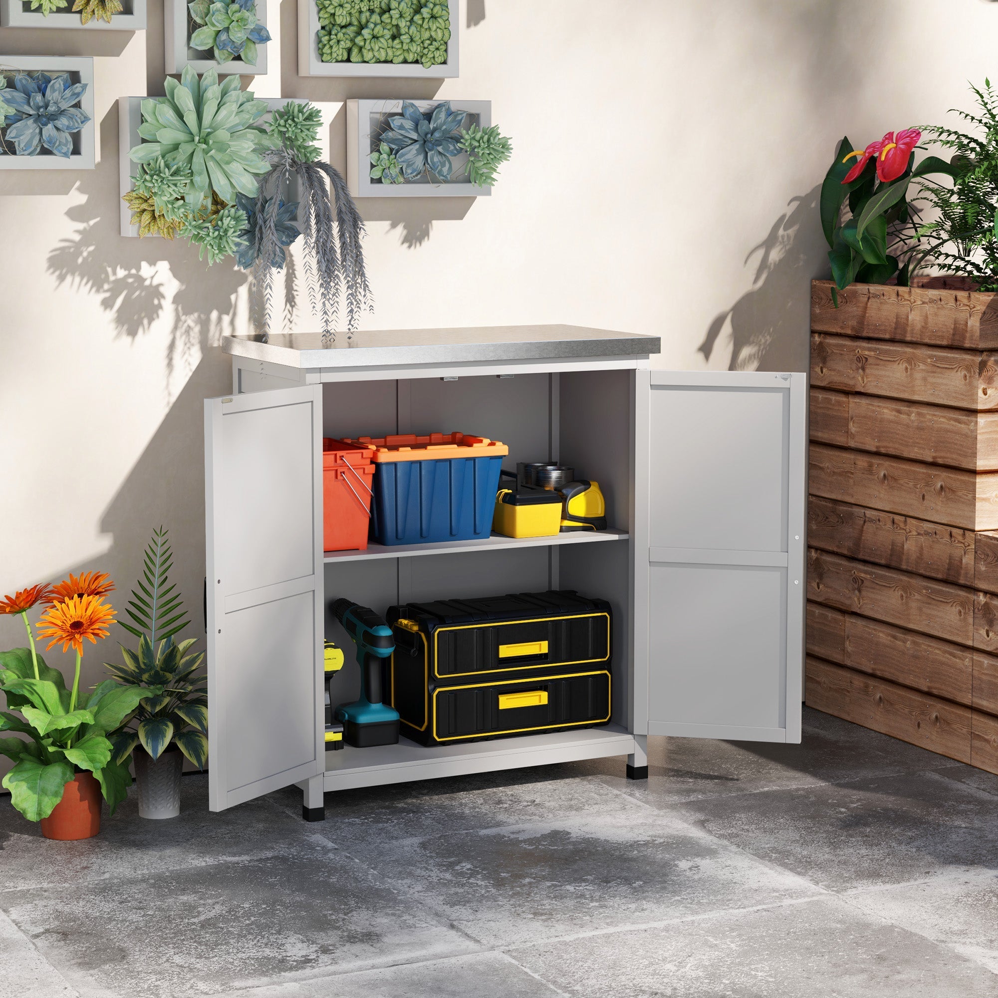 Wooden Garden Shed Outdoor Storage Cabinet with Worktop, Double Doors, Shelf, Grey