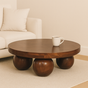 Solid Wood Table, Central Ball Design, Dark Brown Chestnut