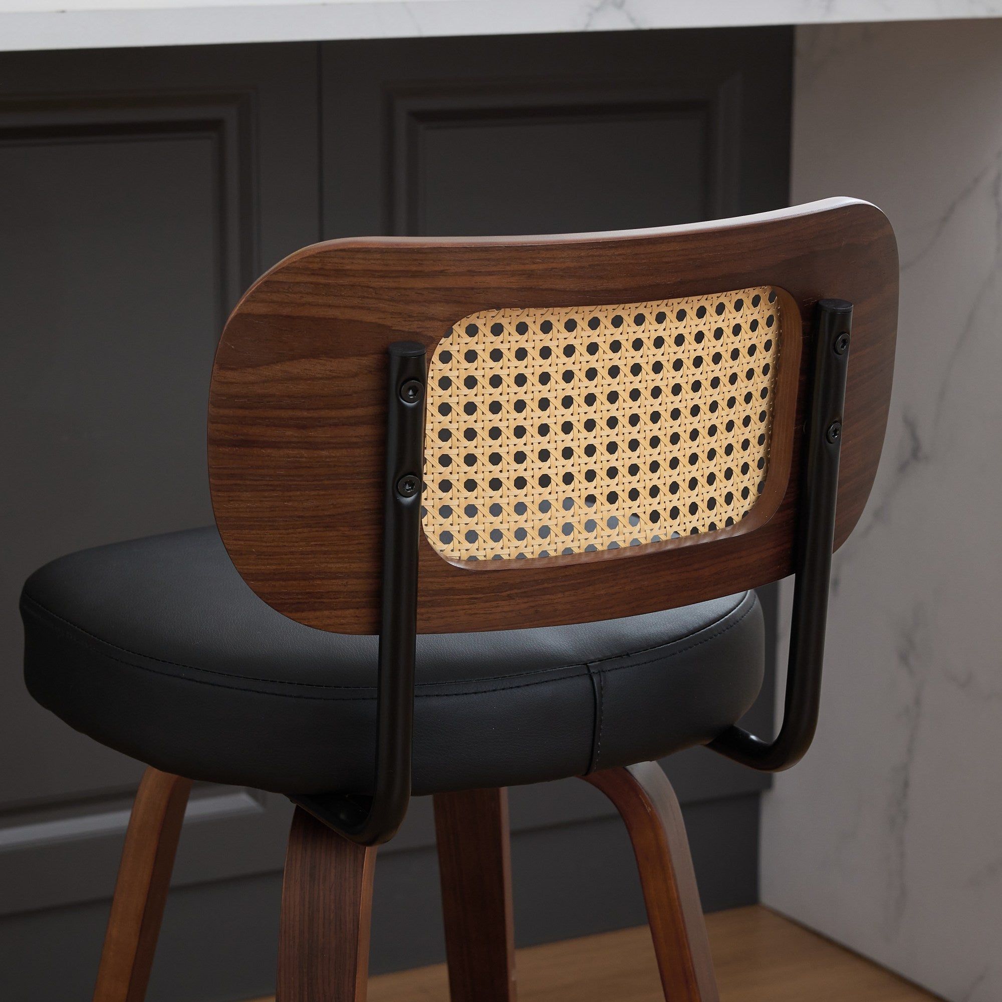 Set of 2 Counter Height Bar Stools with Swivel and Rattan Cane Back, Walnut Black