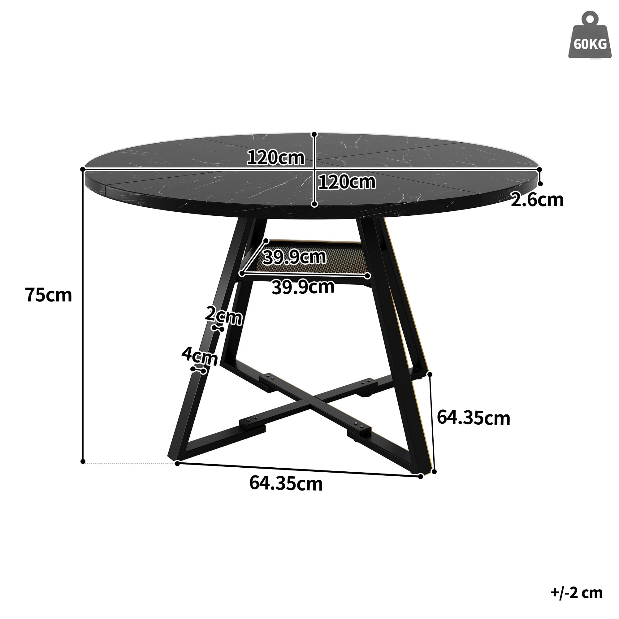 Round Dining Table, Kitchen Breakfast Table Metal Legs, Marble Look Black/White