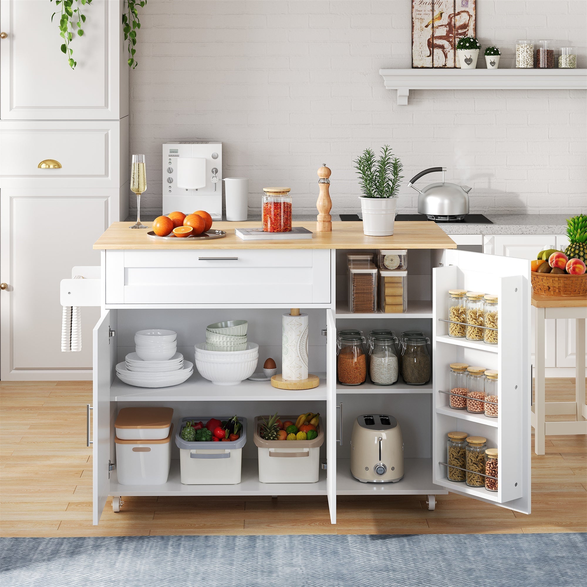 Mobile Kitchen Table 132.5cm Folding Worktop Storage Spice/Towel Rack - Oak Grain