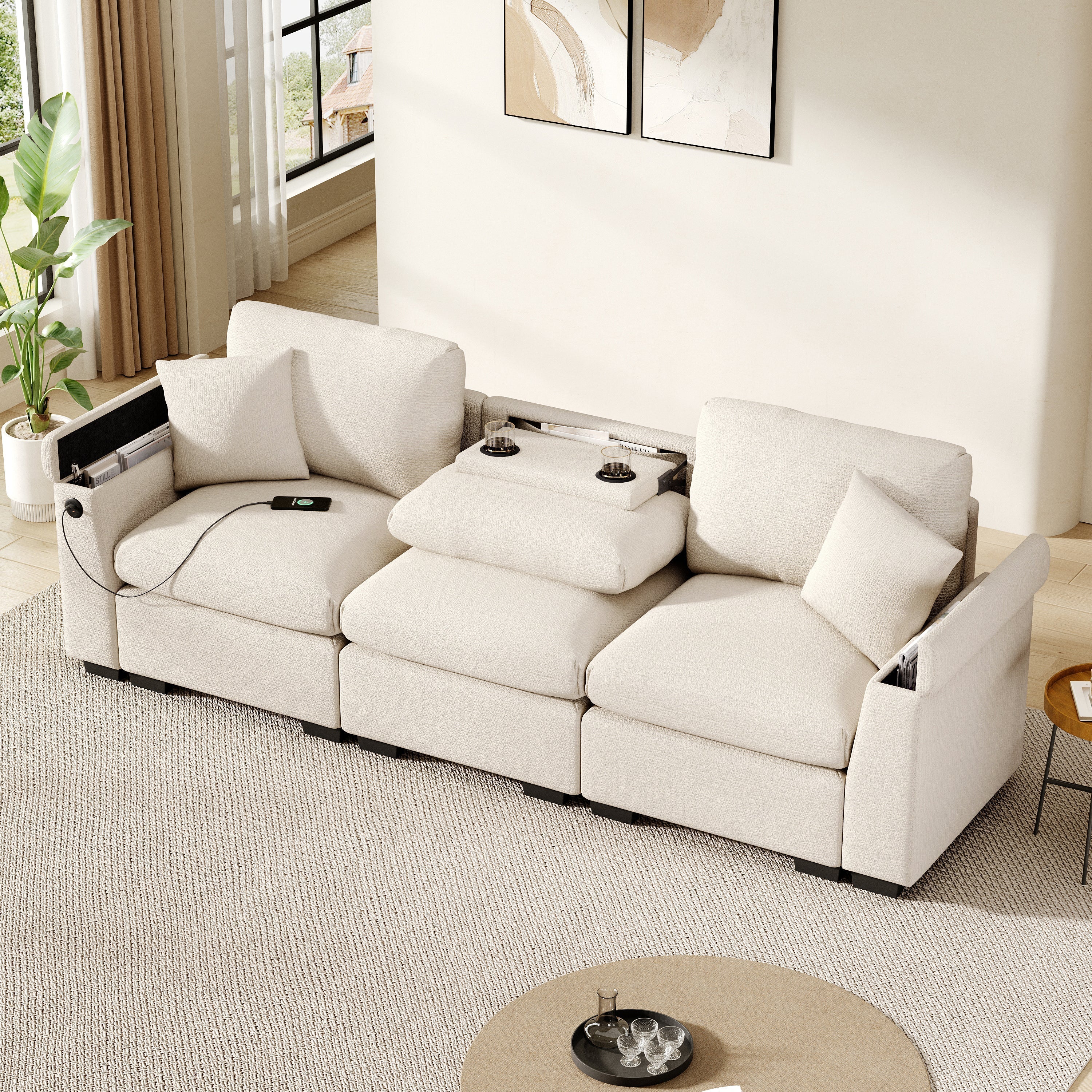 Three-seater Sofa Modern Folding Table USB Port Drink Holder Storage - Chenille