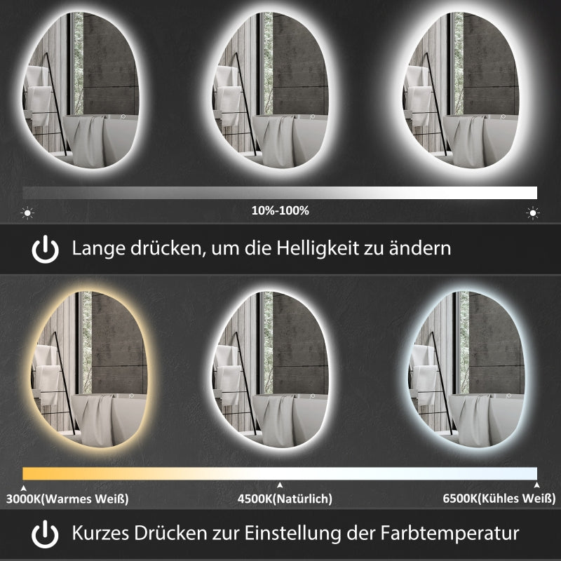 Asymmetrical Bathroom Mirror, LED Light, Smart Touch, Anti-Fog, Silver