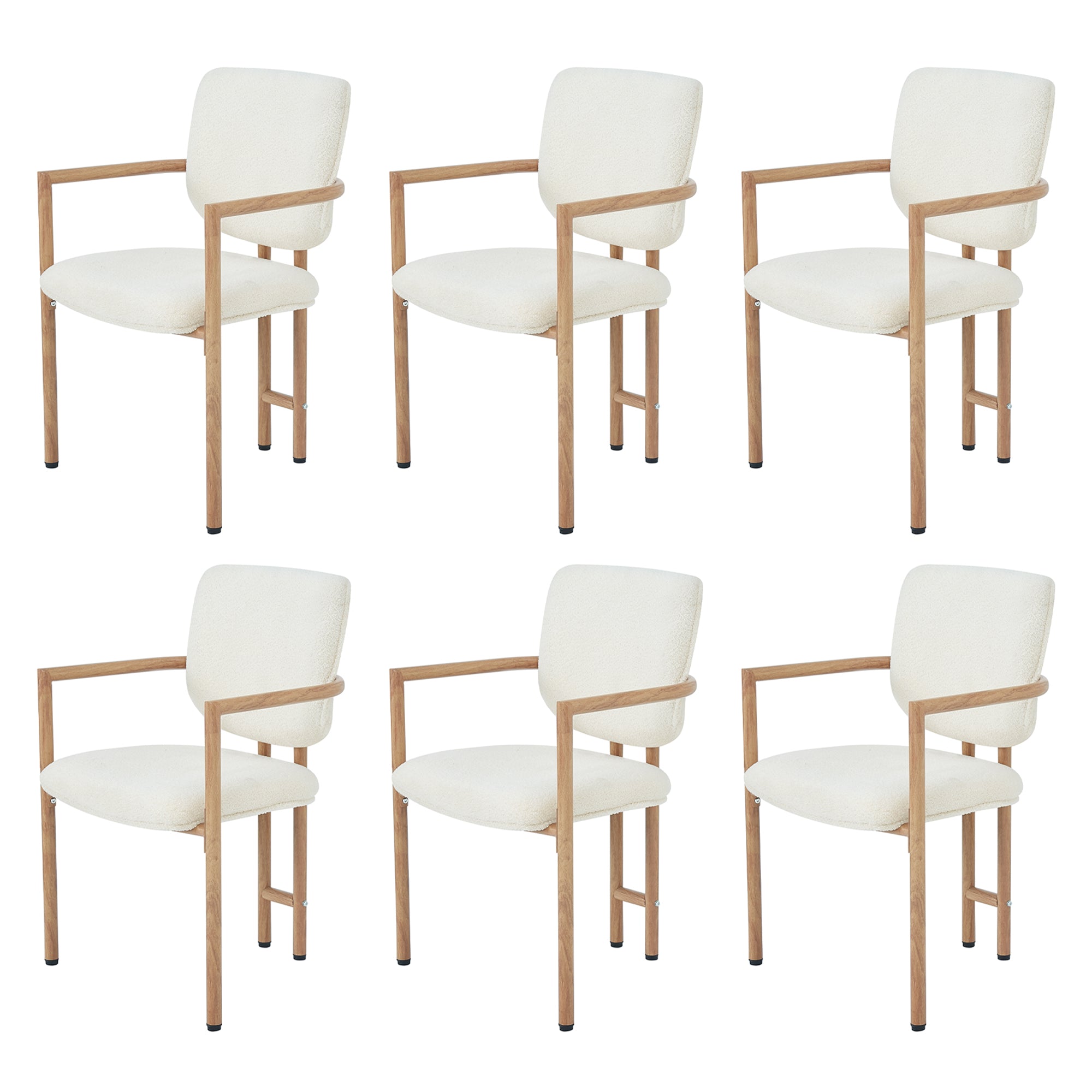 Metal Dining Chairs Set of 6, Modern Wood Look, Natural Bouclé