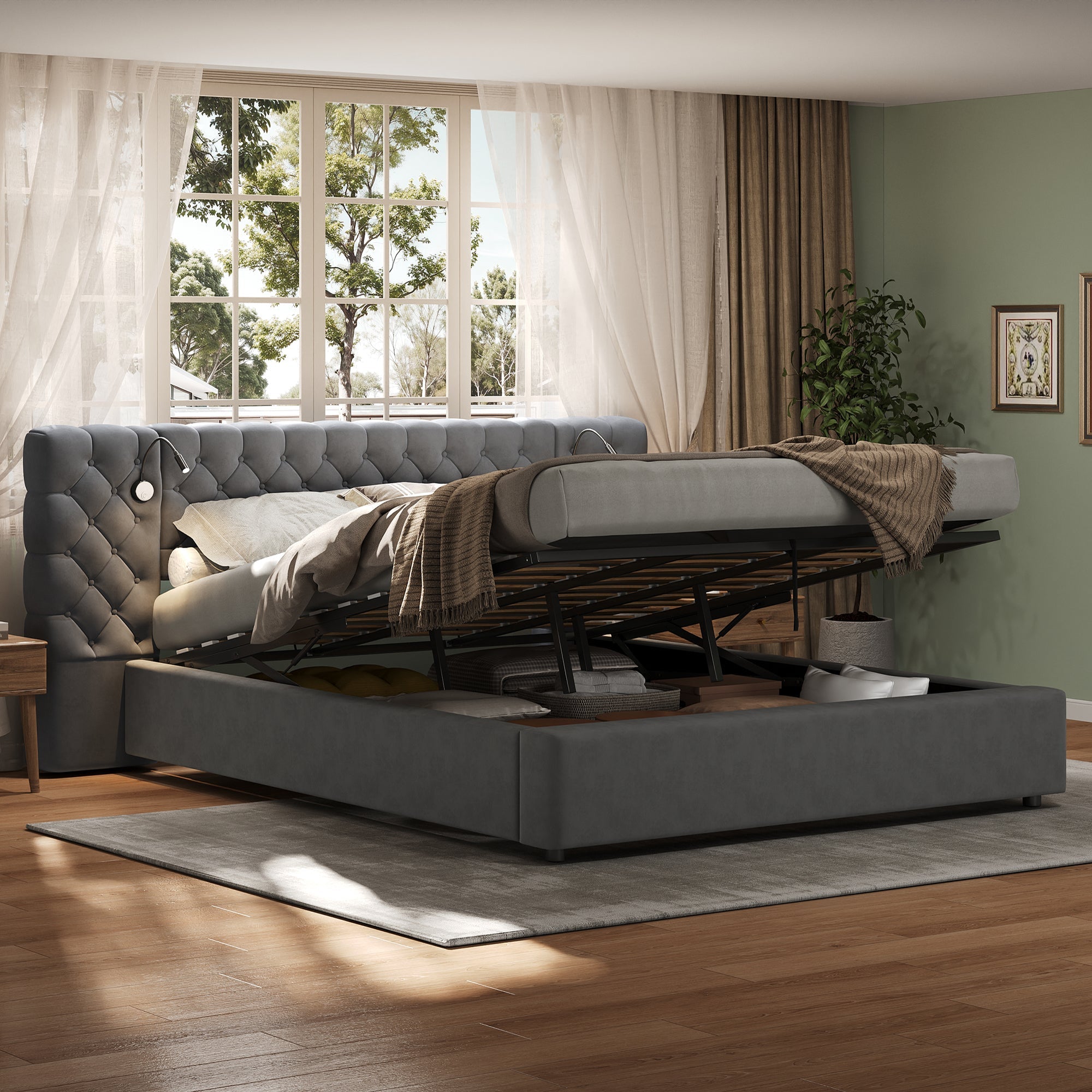 Upholstered Bed, King Size Hydraulic Storage with Reading Light, Velvet, Gray