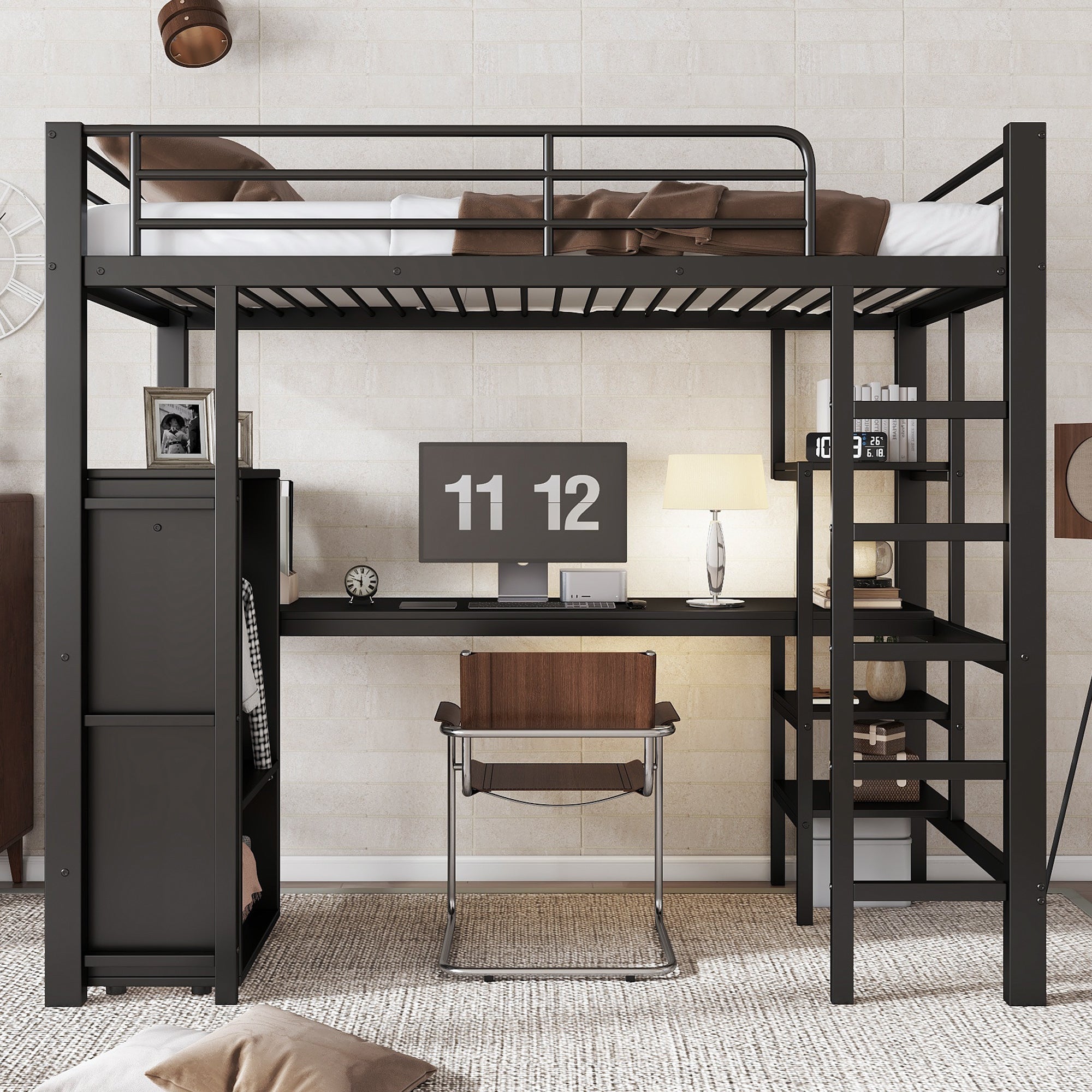 Iron Bunk Bed with Table Wardrobe Storage Ladder 90x200cm, Black Iron/Chipboard