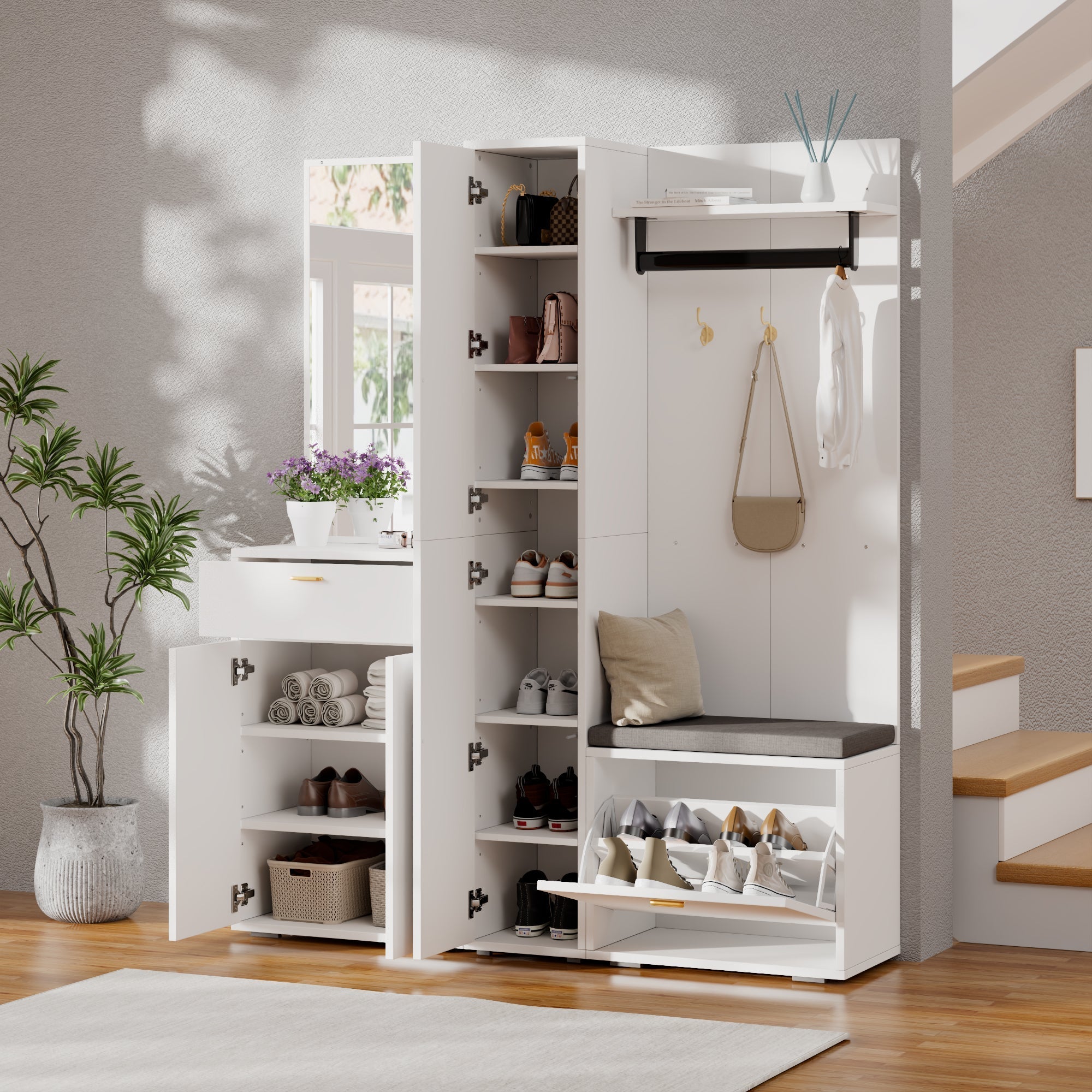 Wardrobe Set Compact Hallway Storage with Mirrored Sideboard Bench Shoe Rack 150x36x180 cm White
